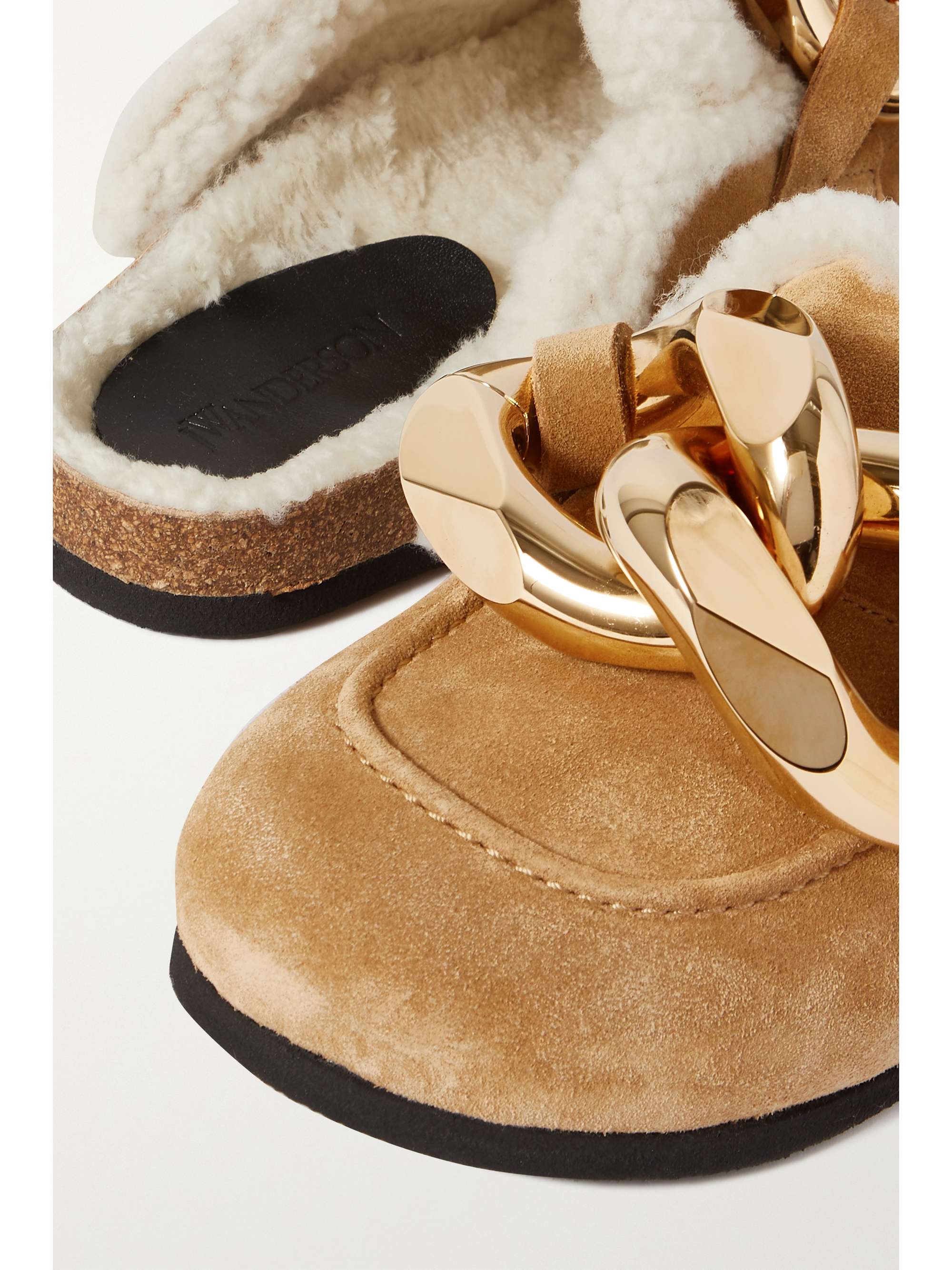 JW ANDERSON Chain-embellished shearling-lined suede slippers