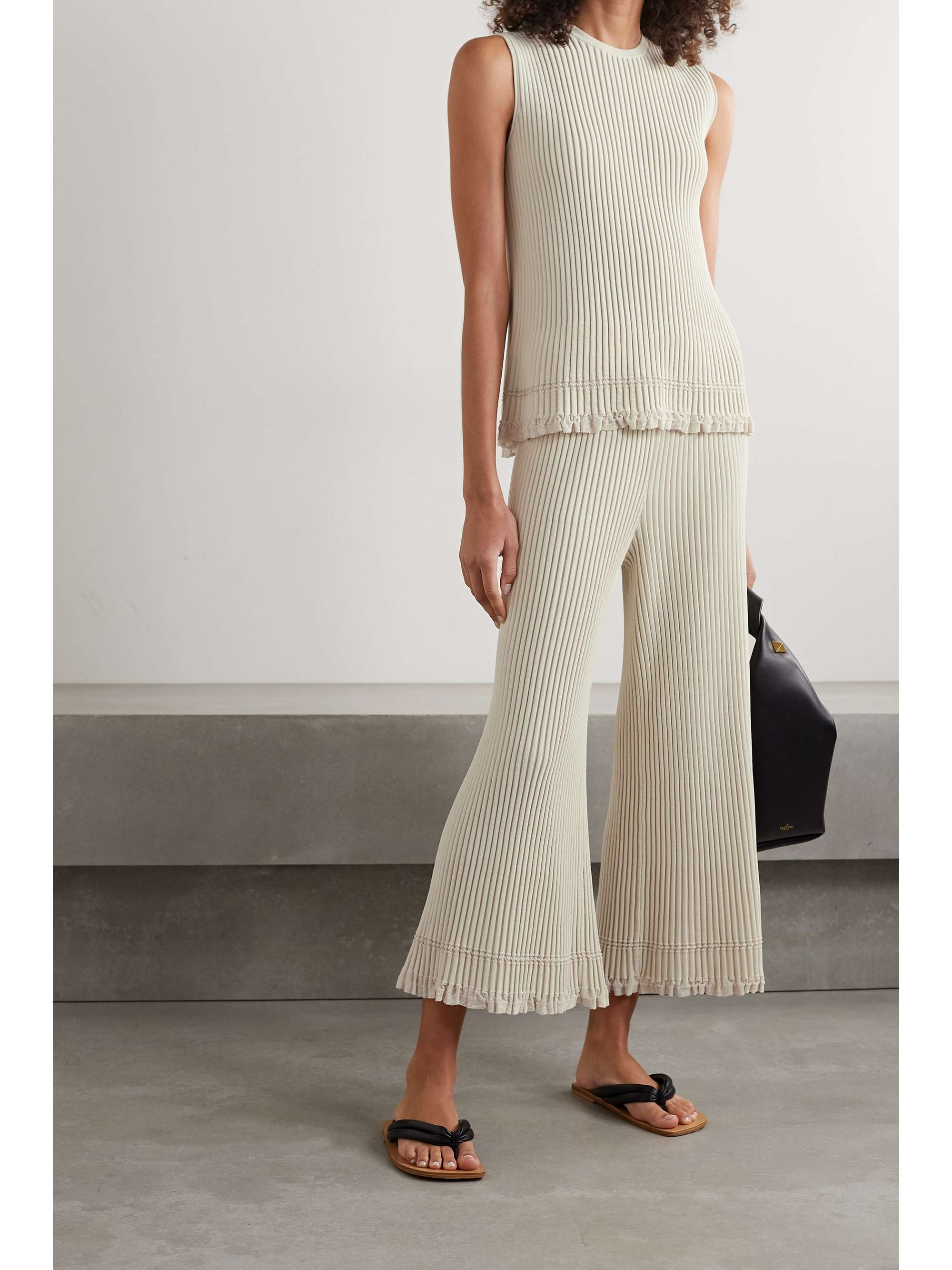 Cream Cropped crochet-trimmed ribbed 