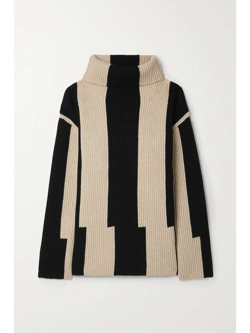 Joseph Striped Ribbed Wool Turtleneck Sweater - x large