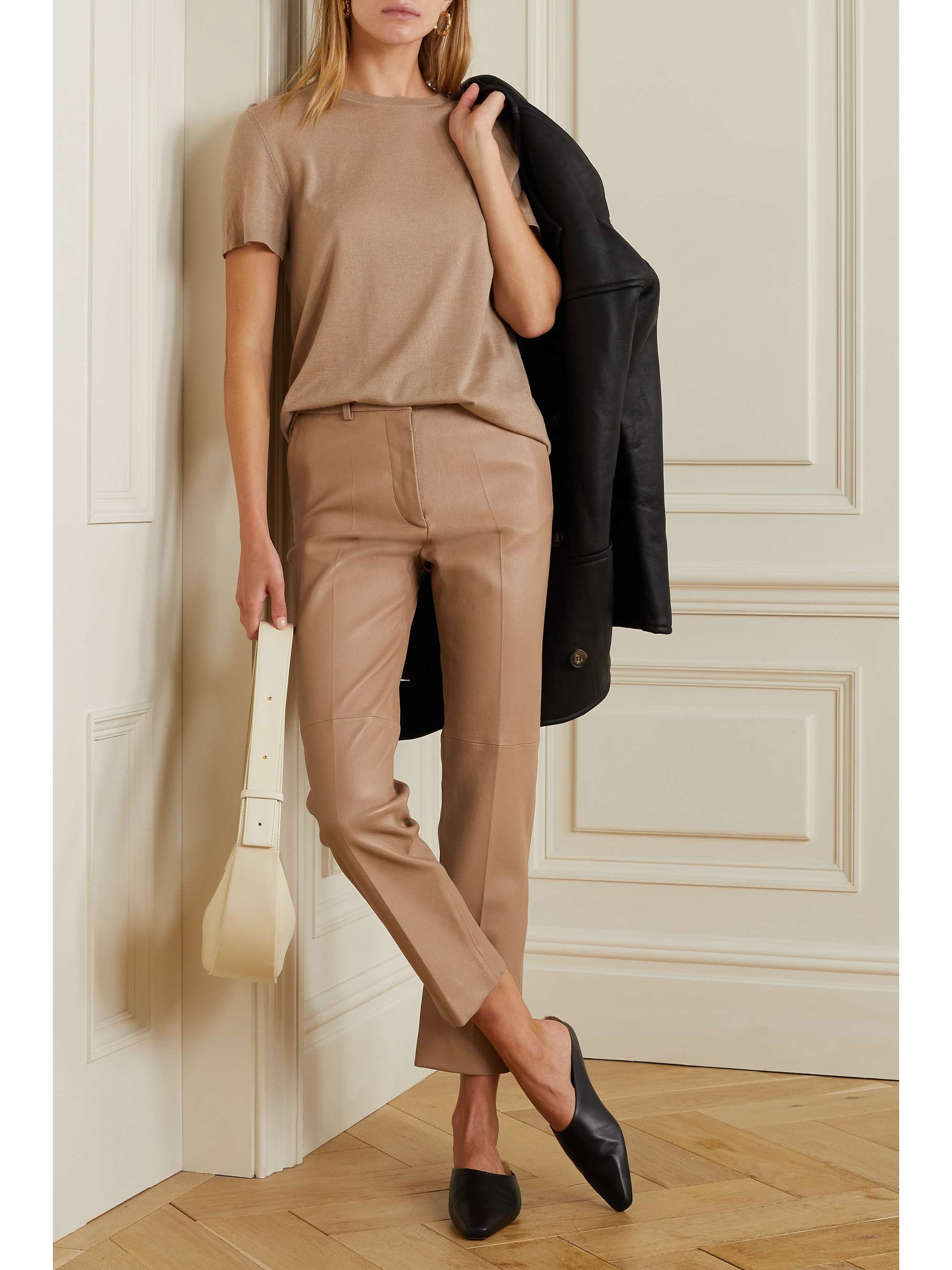 Beige Coleman leather slim-leg pants 