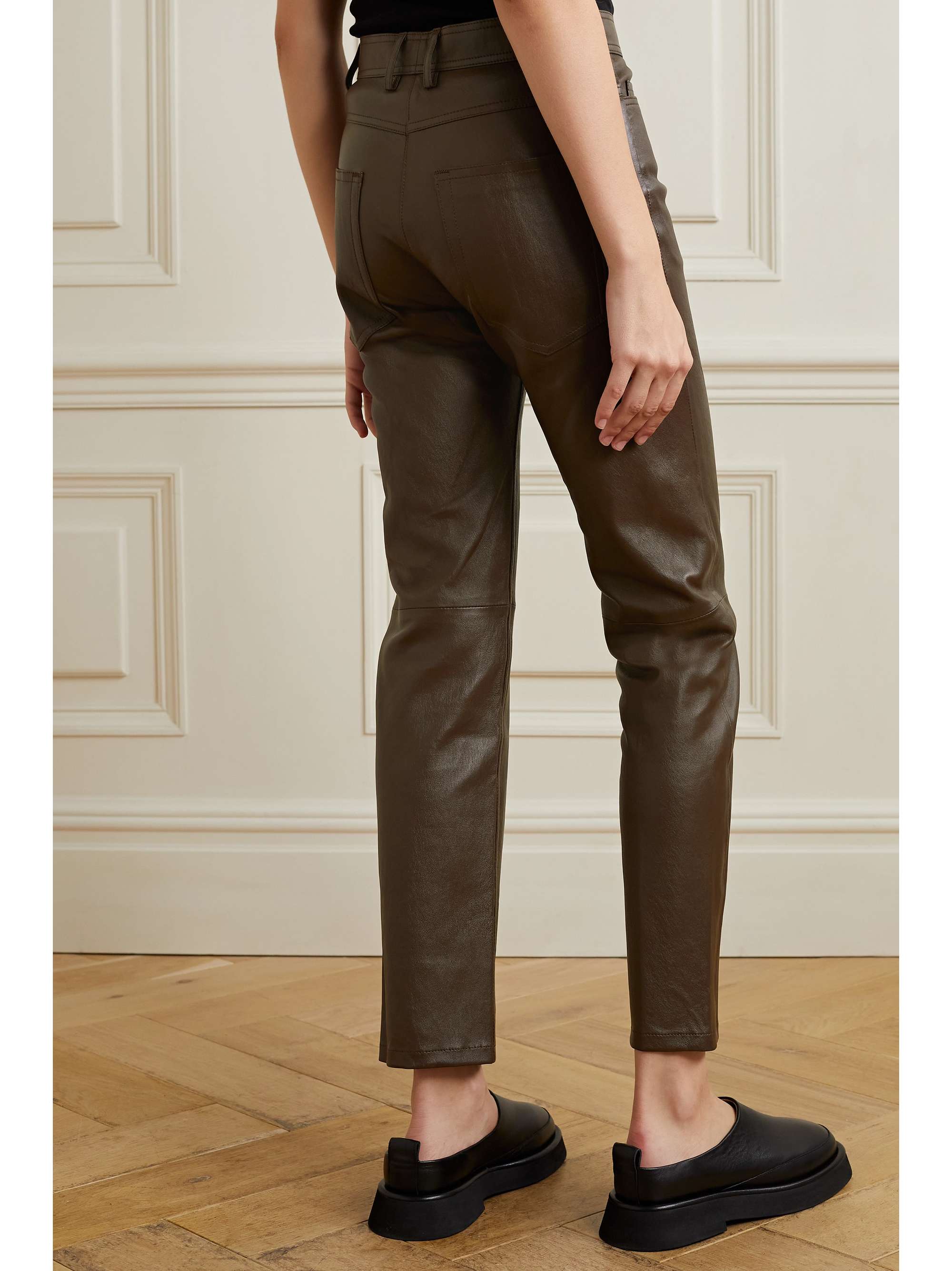 Chocolate Teddy leather slim-leg pants 