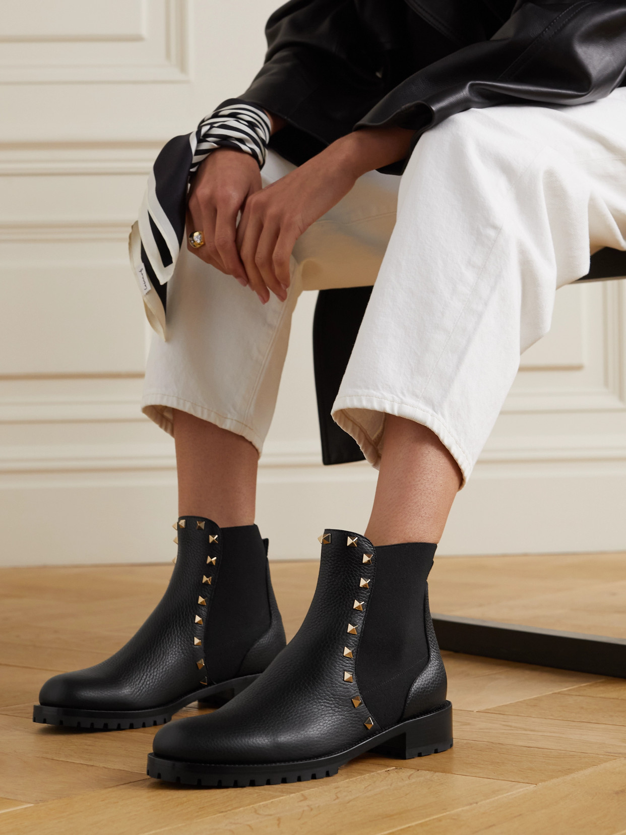 Shop Valentino Rockstud Beatle Textured-leather Chelsea Boots In Black