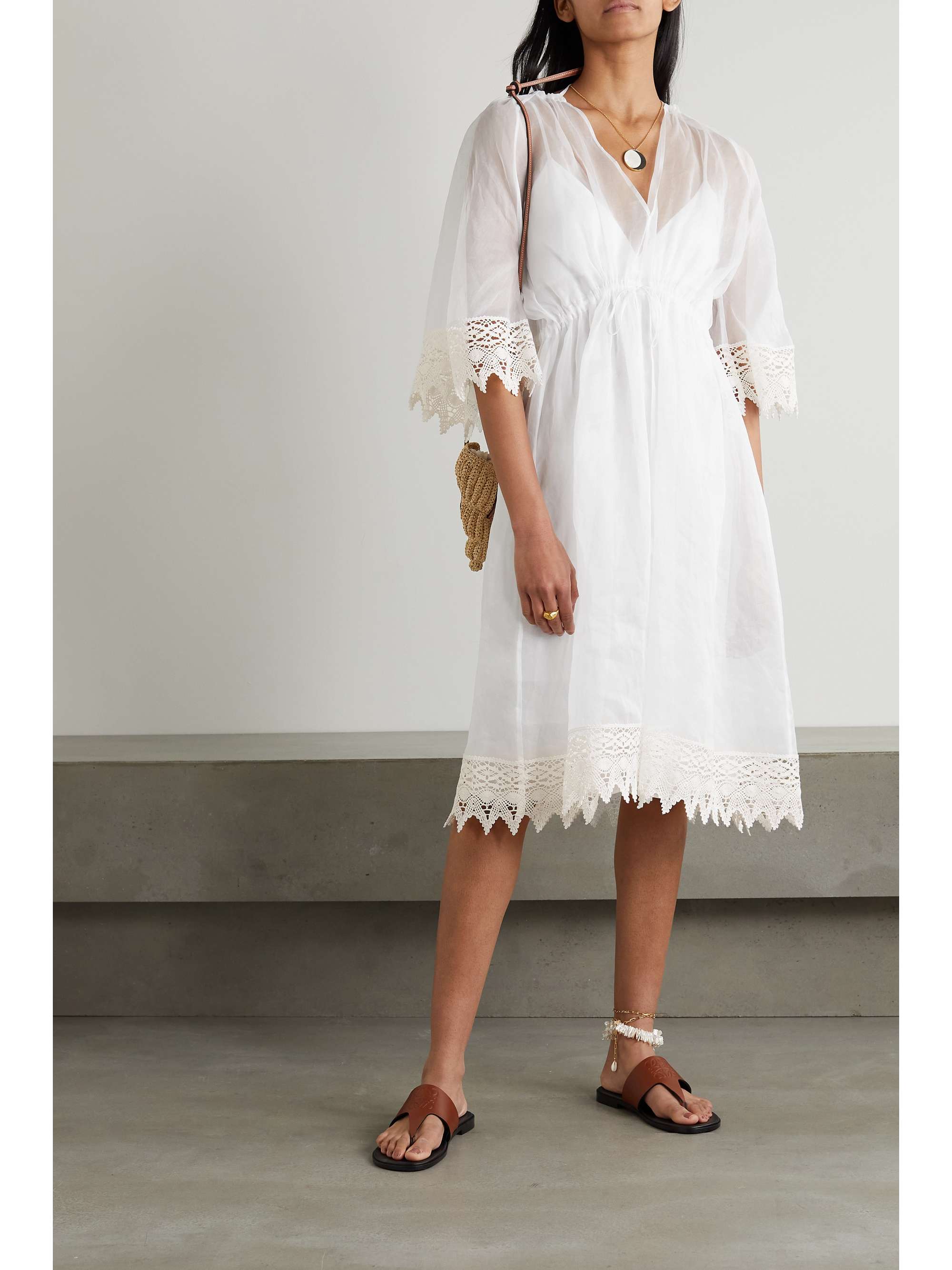 LOEWE Macramé-trimmed cotton-organza midi dress