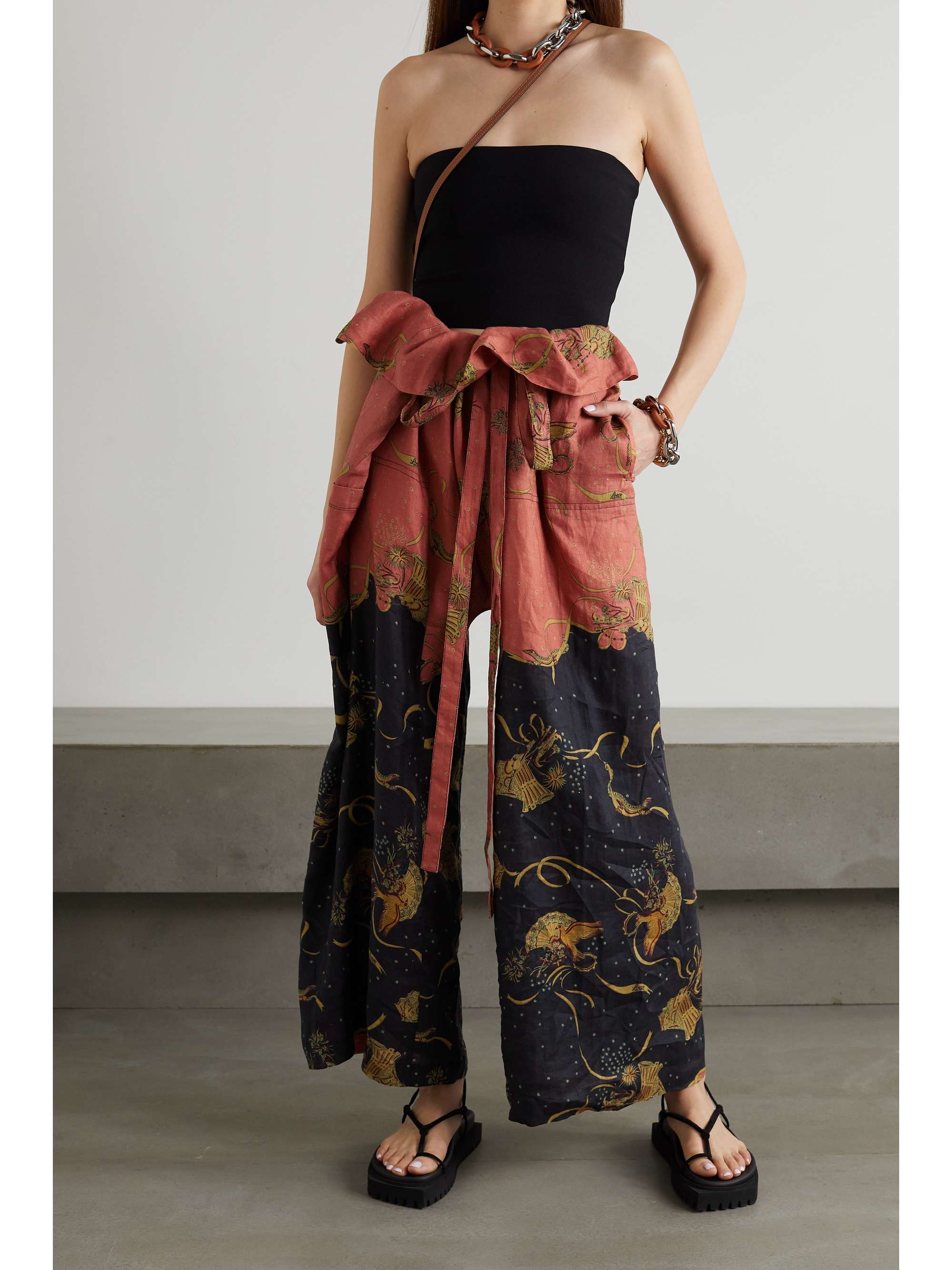 LOEWE + Paula's Ibiza belted printed linen and cotton-blend wide-leg pants