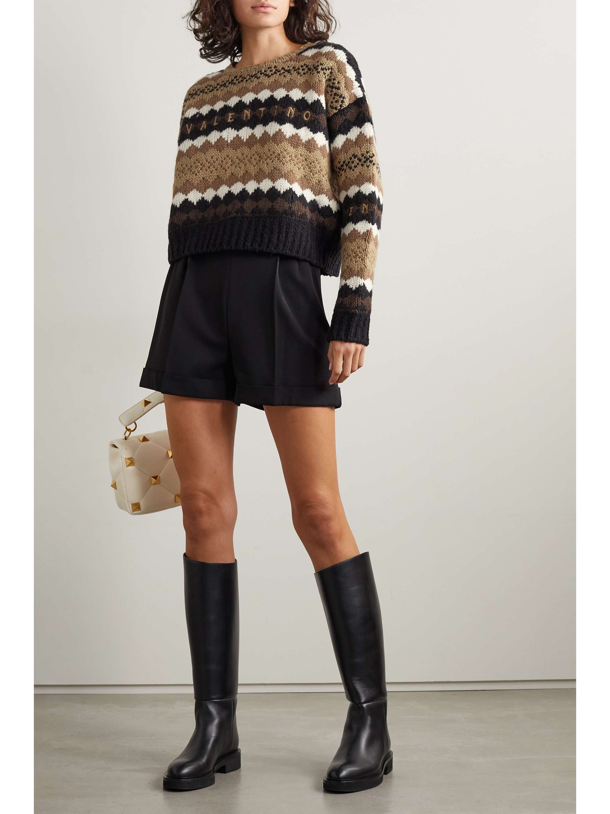 VALENTINO GARAVANI Cropped embroidered metallic wool sweater