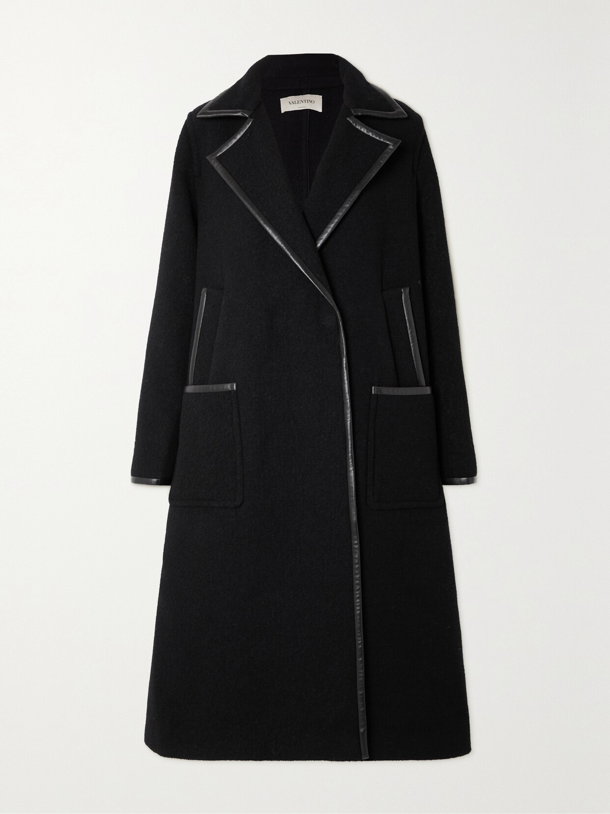 Shop Valentino Leather-trimmed Wool-blend Coat In Black