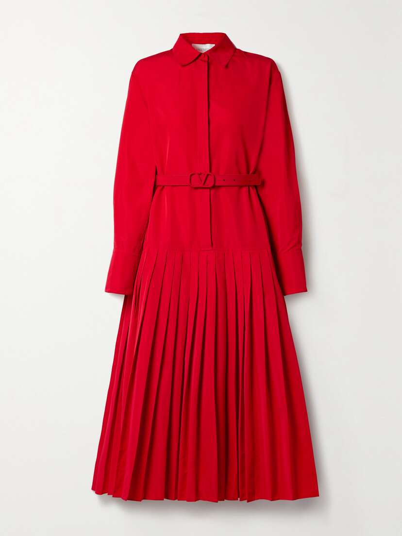 Valentino Garavani Belted Pleated Cotton-blend Faille Midi Shirt Dress