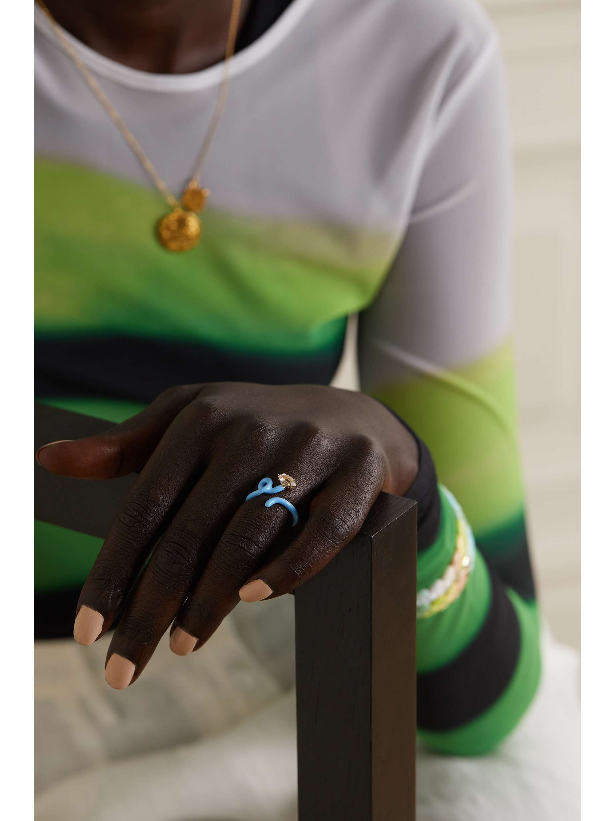 BEA BONGIASCA Baby Vine Tendril gold, silver, enamel and rock crystal ring
