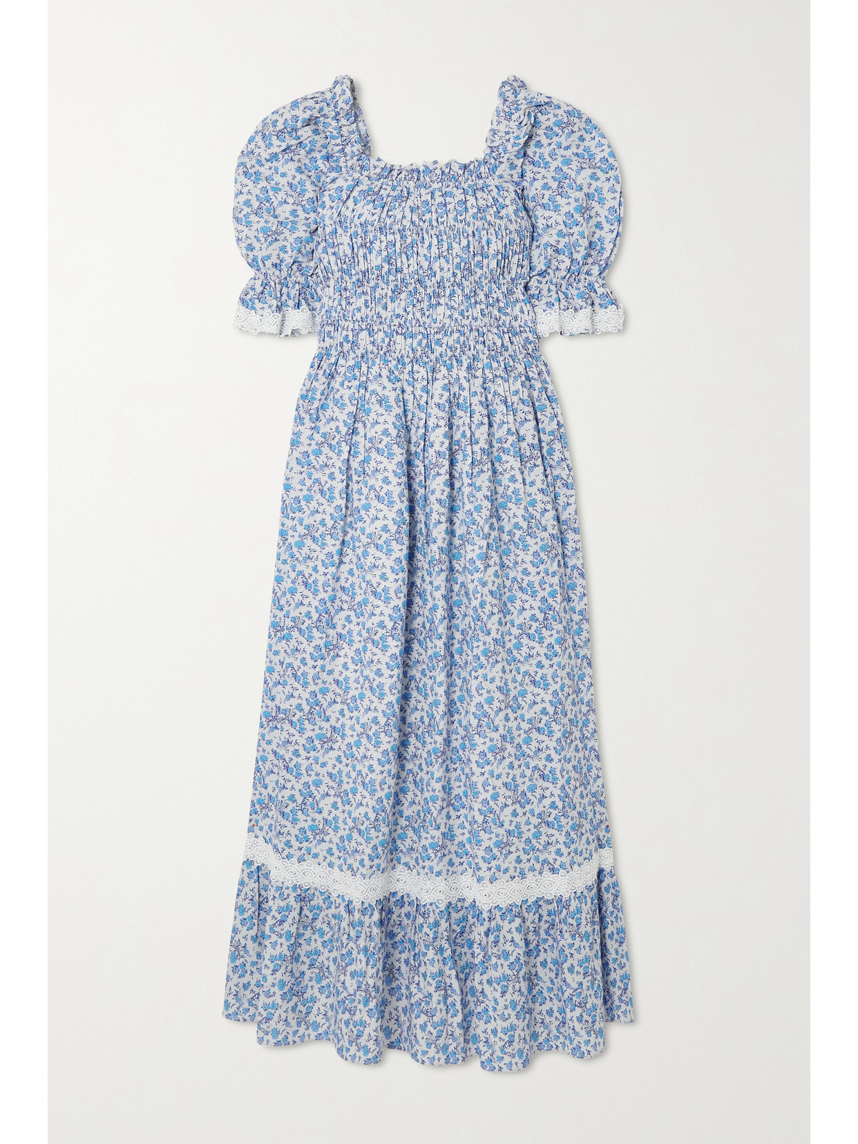 LUG VON SIGA ELISA SMOCKED RUFFLED PRINTED COTTON AND LINEN-BLEND MIDI DRESS