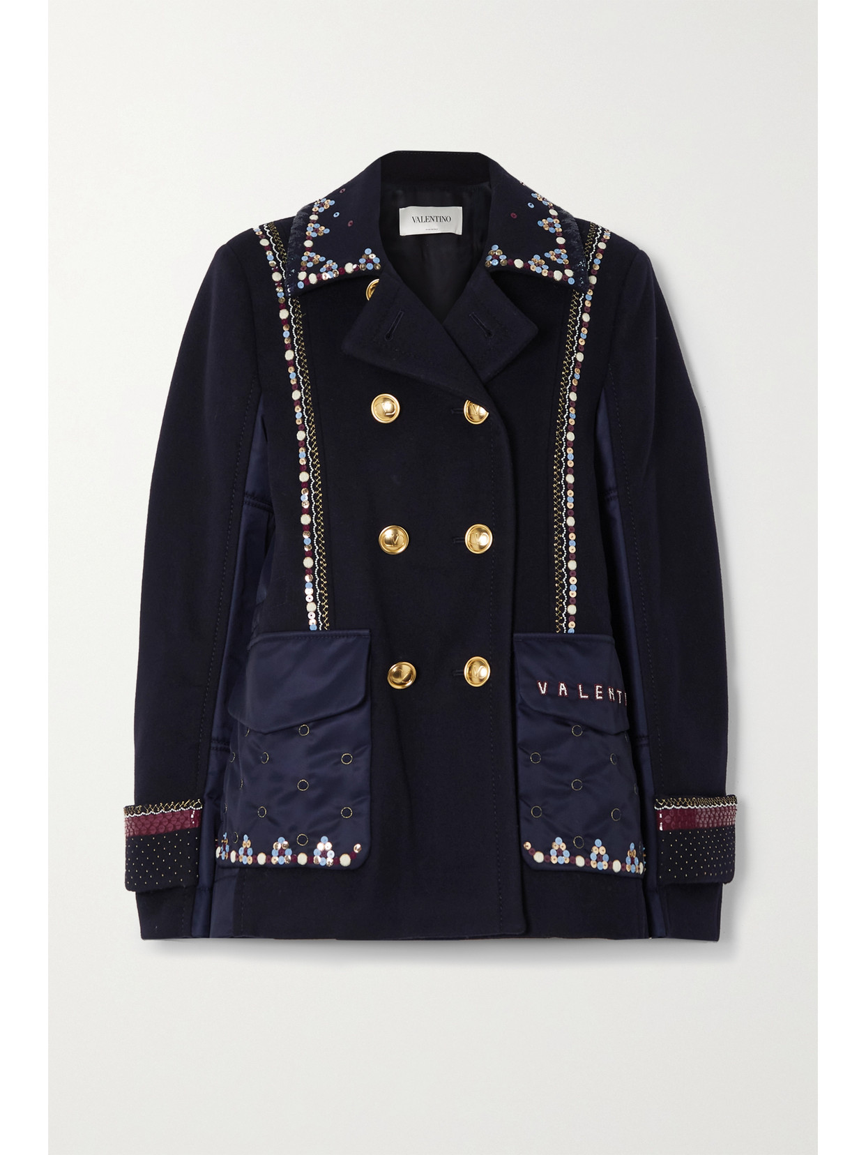Valentino Embellished Double-breasted Wool And Cashmere-blend And Shell Jacket In Blue
