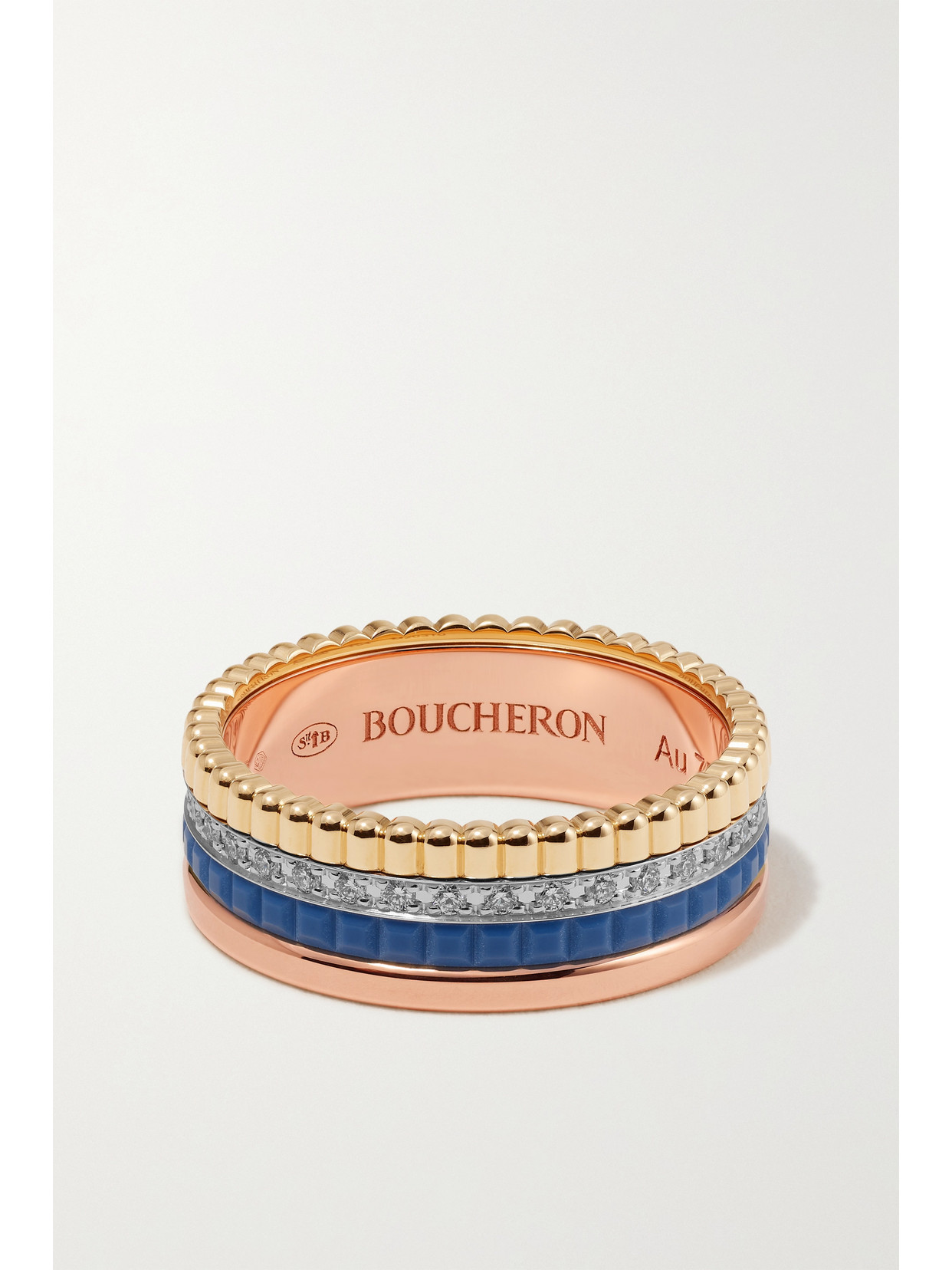BOUCHERON QUATRE BLUE EDITION SMALL 18-KARAT YELLOW, WHITE AND ROSE GOLD, CERAMIC AND DIAMOND RING