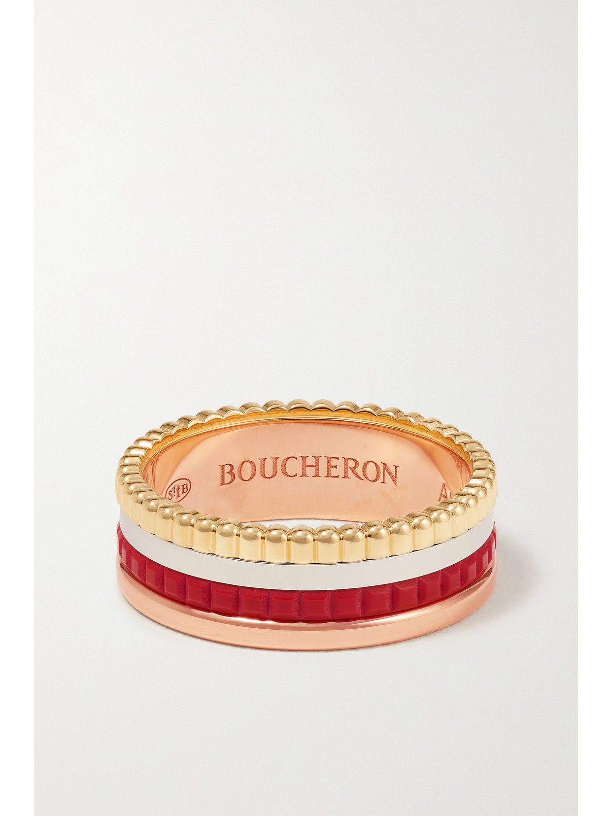 BOUCHERON QUATRE RED EDITION SMALL 18-KARAT YELLOW, WHITE AND ROSE GOLD AND CERAMIC RING