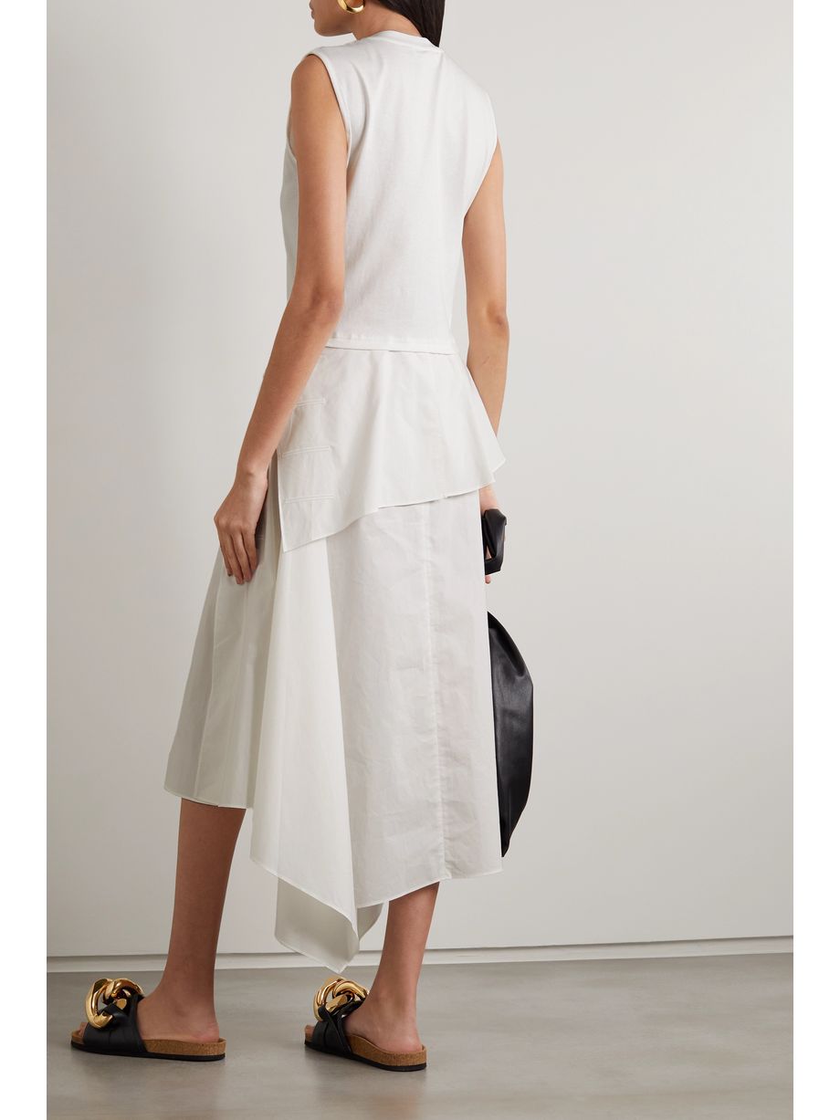 White Asymmetric draped cottonjersey and poplin midi
