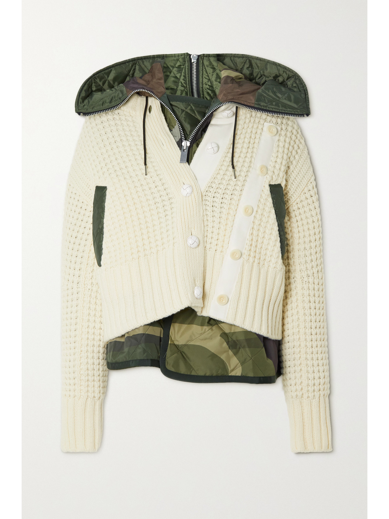 Sacai + Kaws Convertible Ribbed Wool-blend And Quilted Shell Jacket In Green