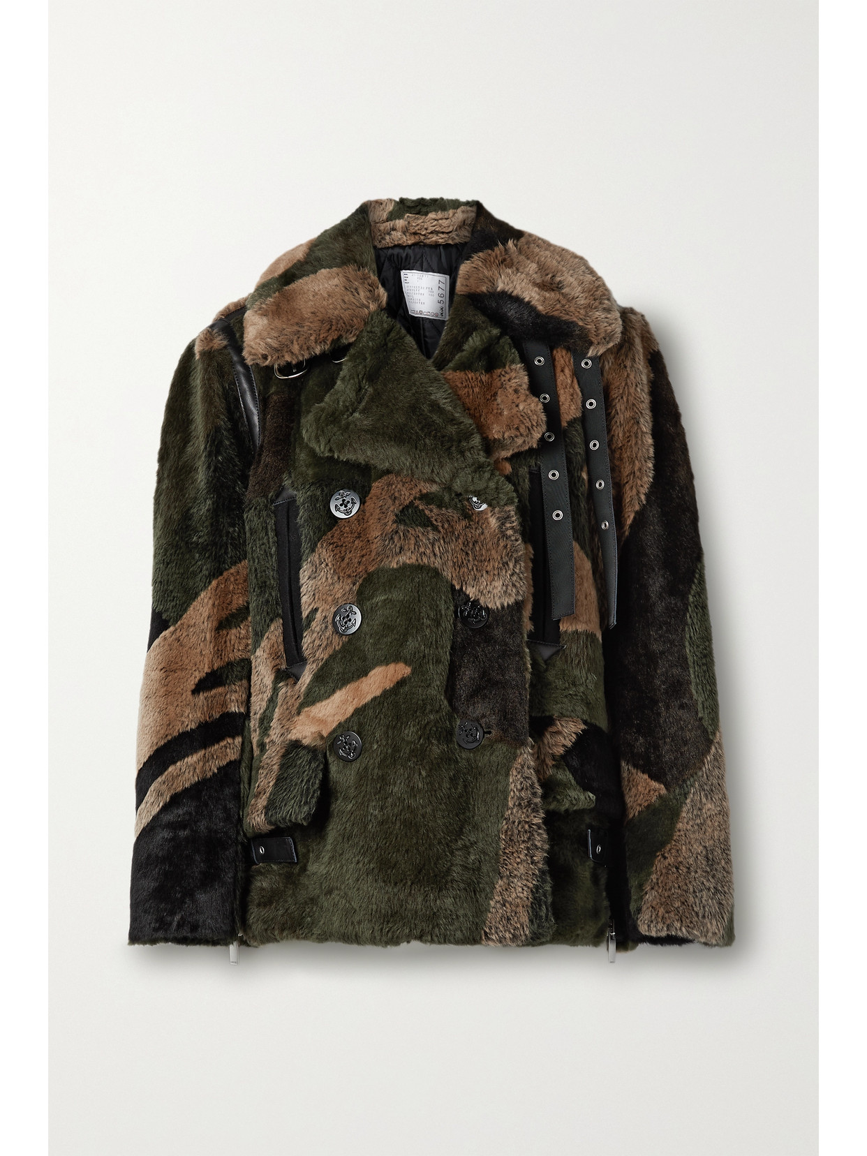 +kaws Double-breasted Leather-trimmed Printed Faux Fur Coat