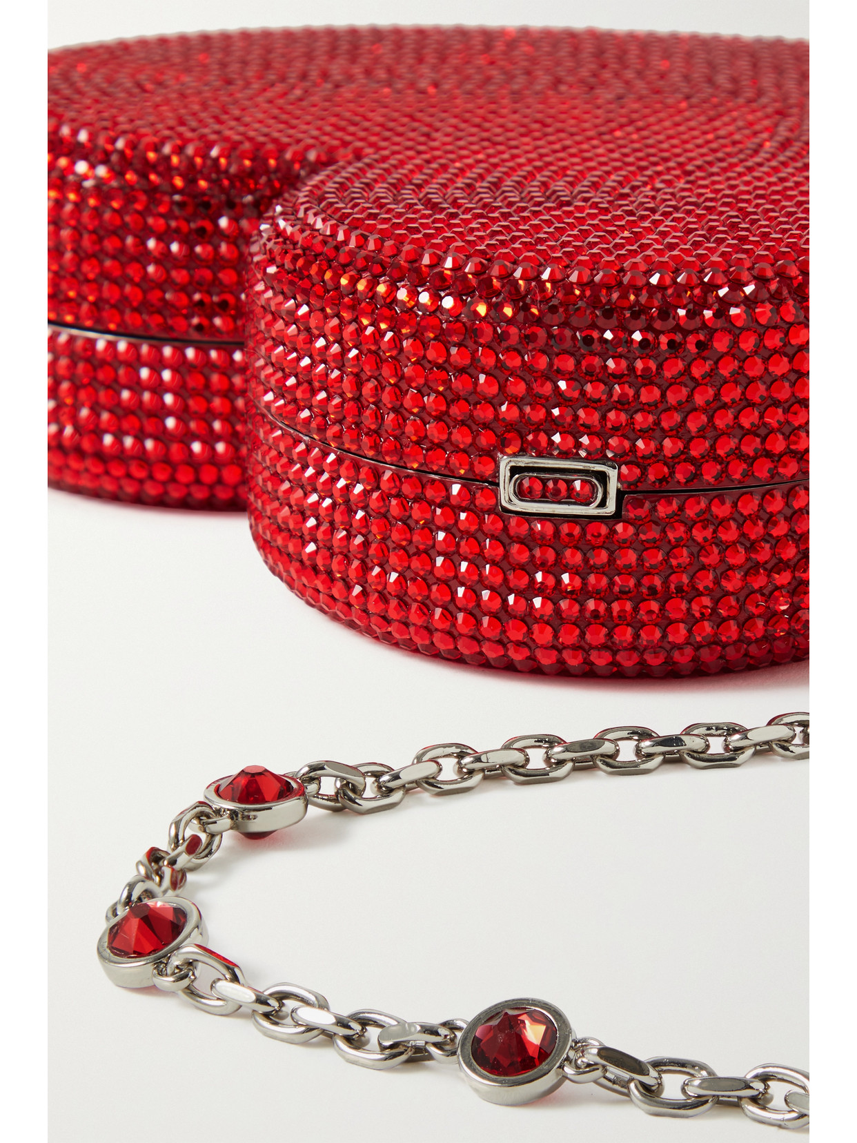 Shop Judith Leiber Heart Crystal-embellished Silver-tone Clutch In Red