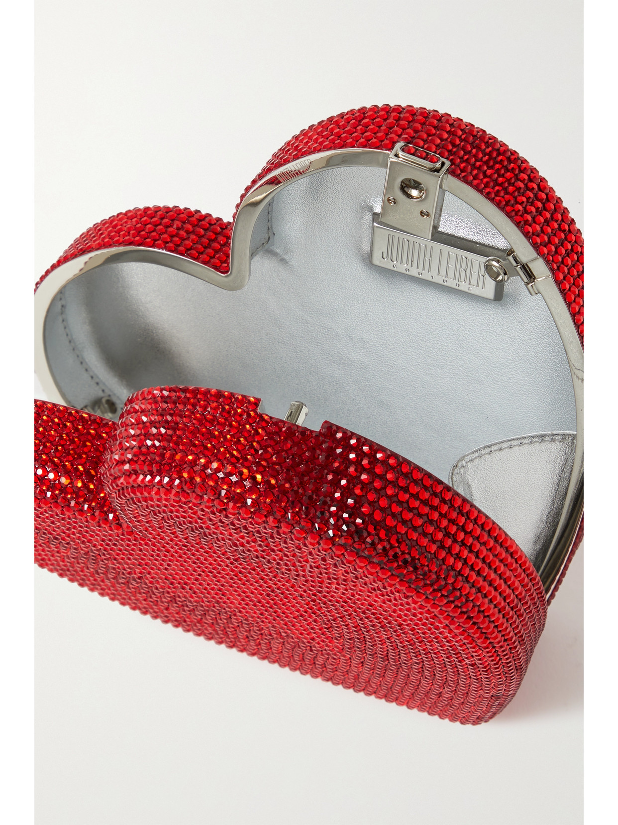 Shop Judith Leiber Heart Crystal-embellished Silver-tone Clutch In Red