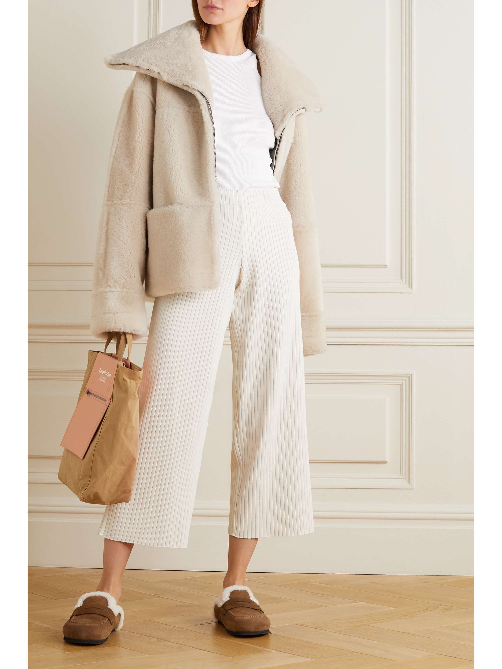 Ivory Cropped ribbed-knit wide-leg 
