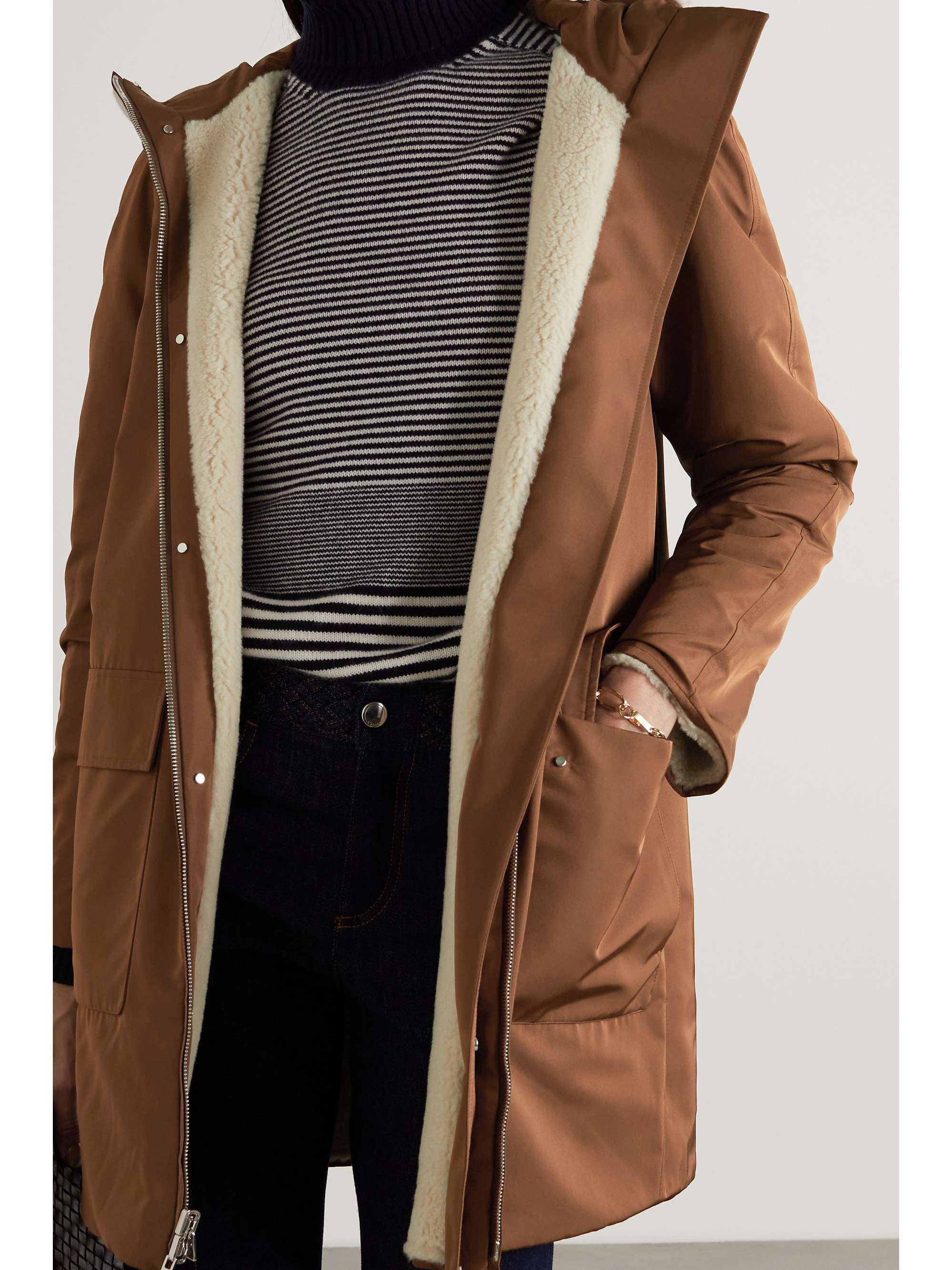 LORO PIANA Reversible hooded cashmere and silk-blend fleece and matte-satin coat