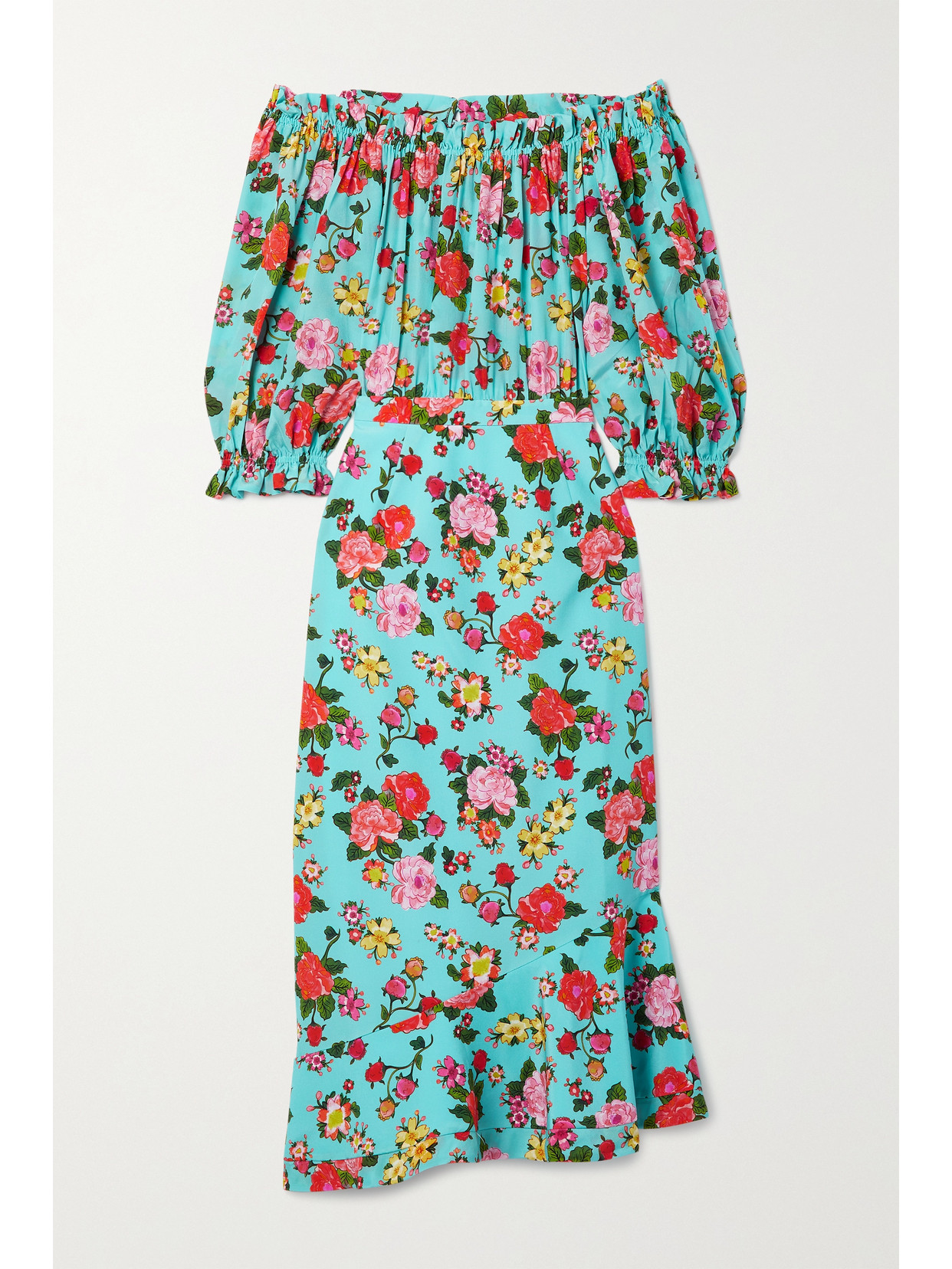 SALONI GRACE OFF-THE-SHOULDER FLORAL-PRINT SILK CREPE DE CHINE MIDI DRESS