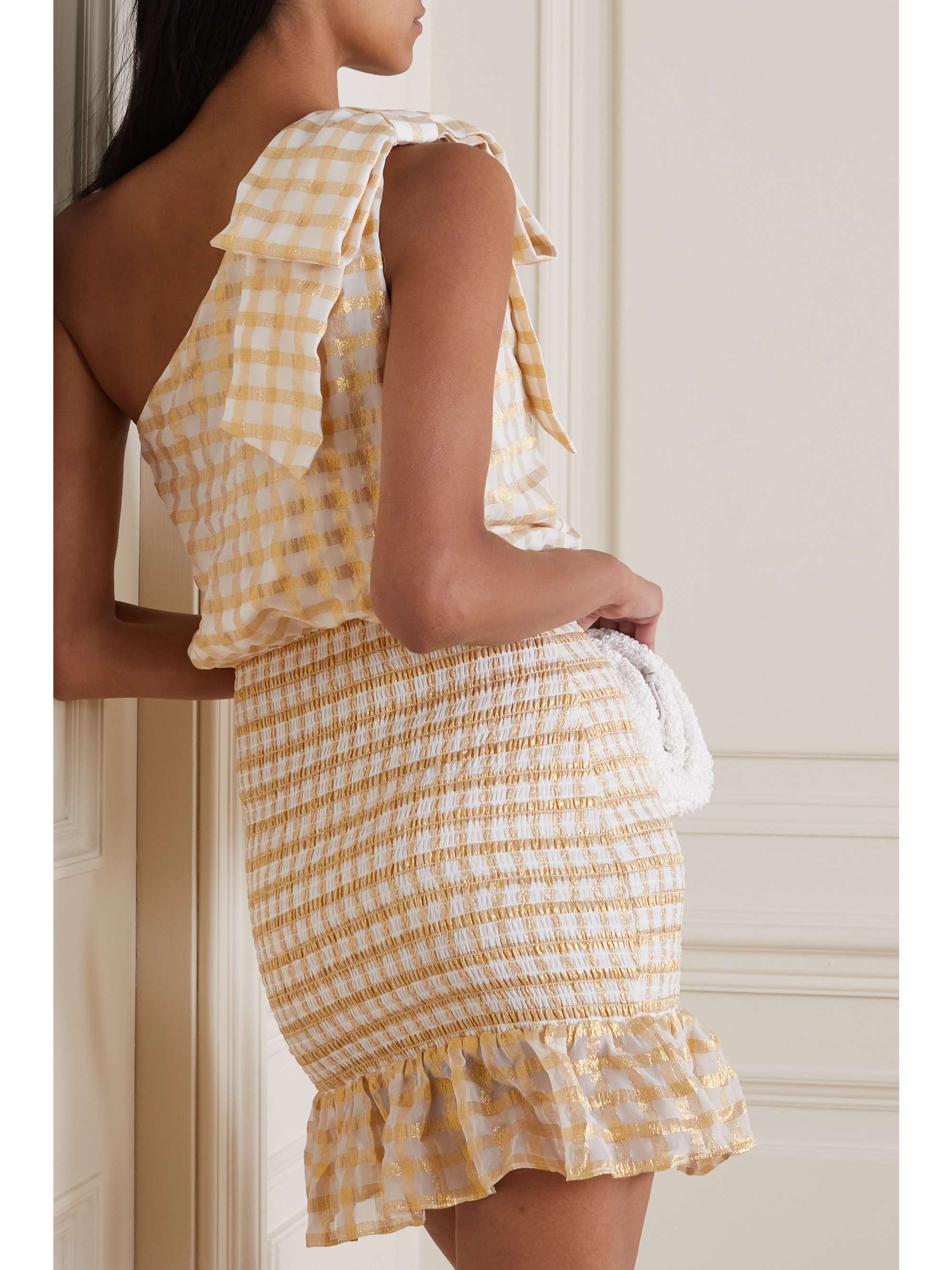 REBECCA VALLANCE Almeria one-shoulder shirred checked fil coupé silk-blend chiffon mini dress