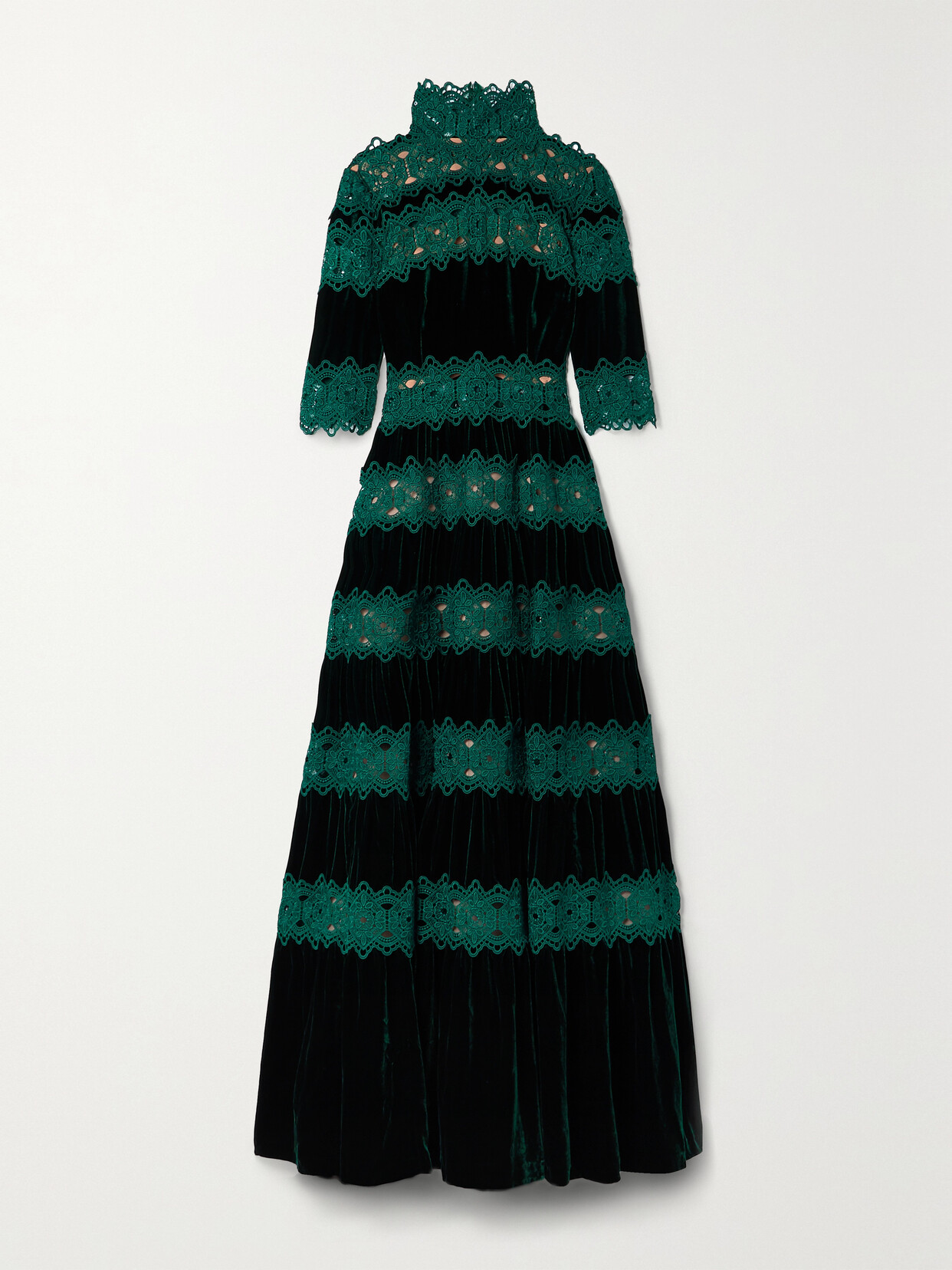 Costarellos - Lissie Paneled Velvet And Guipure Lace Gown - Green