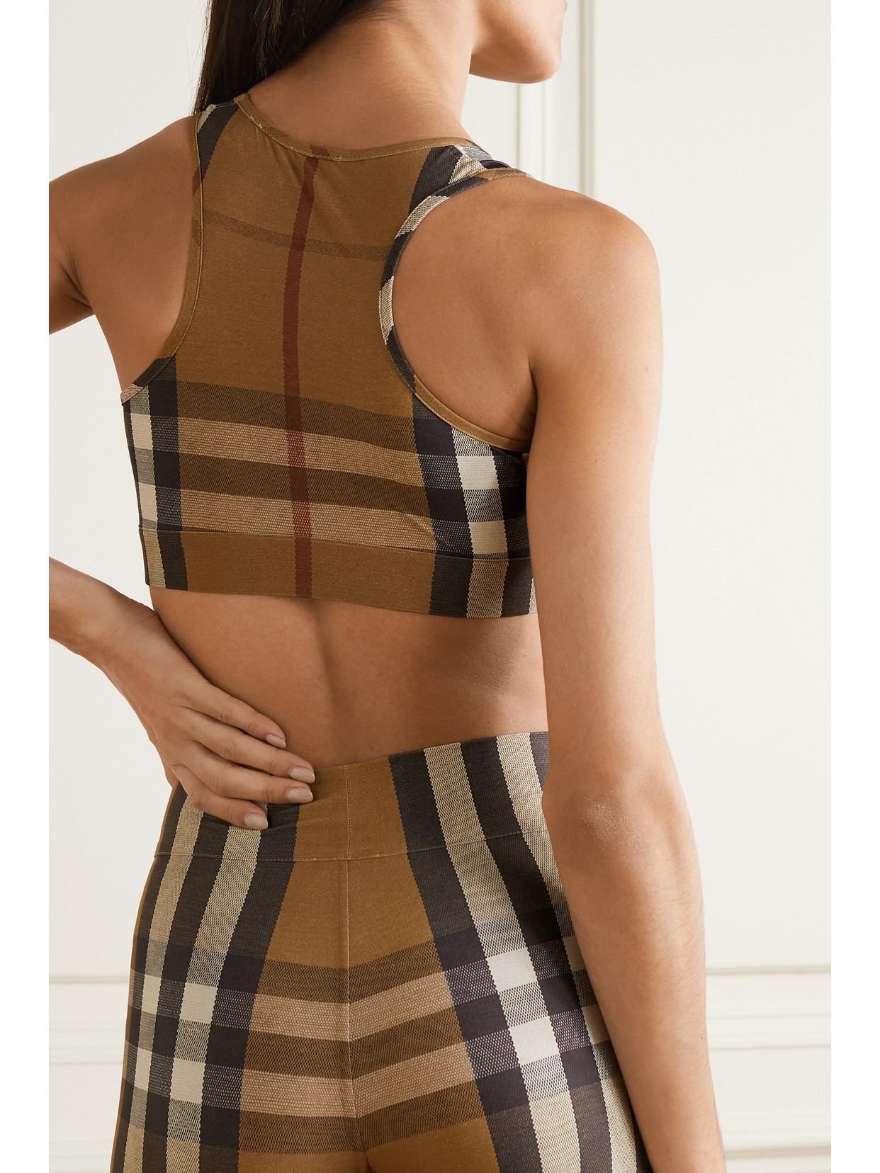 Shop Burberry Cropped Checked Stretch-jersey Top In Brown