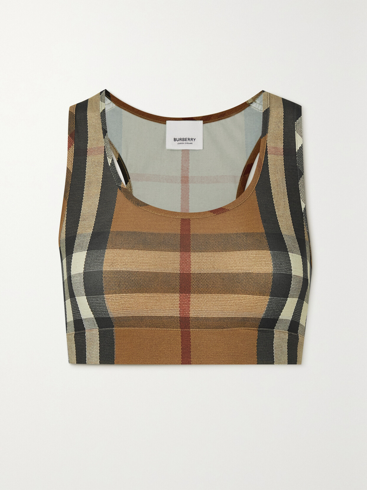 Shop Burberry Cropped Checked Stretch-jersey Top In Brown