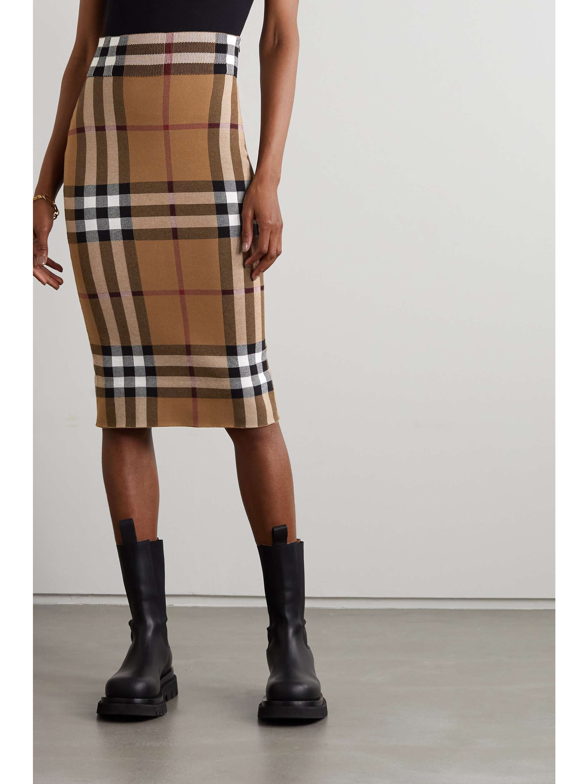 BURBERRY Checked jacquard-knit cotton-blend midi skirt | NET-A-PORTER