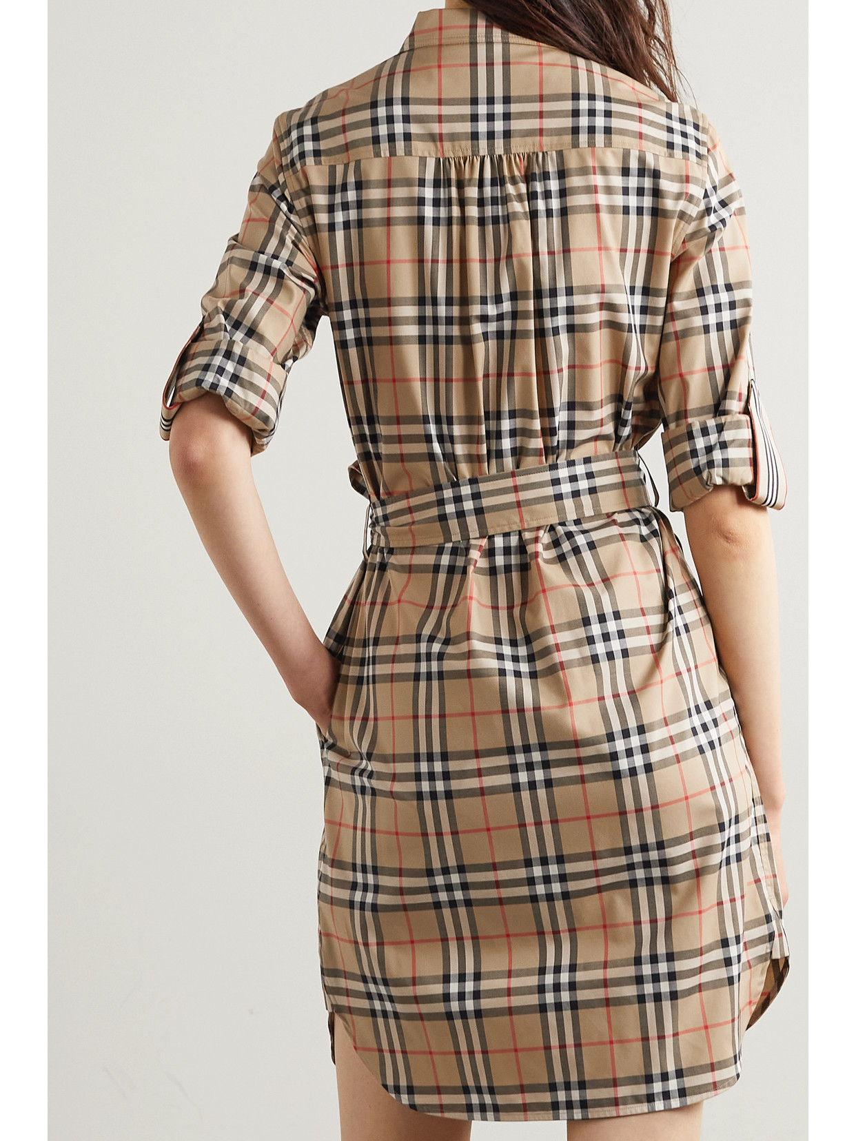 Shop Burberry + Net Sustain Belted Checked Cotton-blend Poplin Mini Shirt Dress In Brown