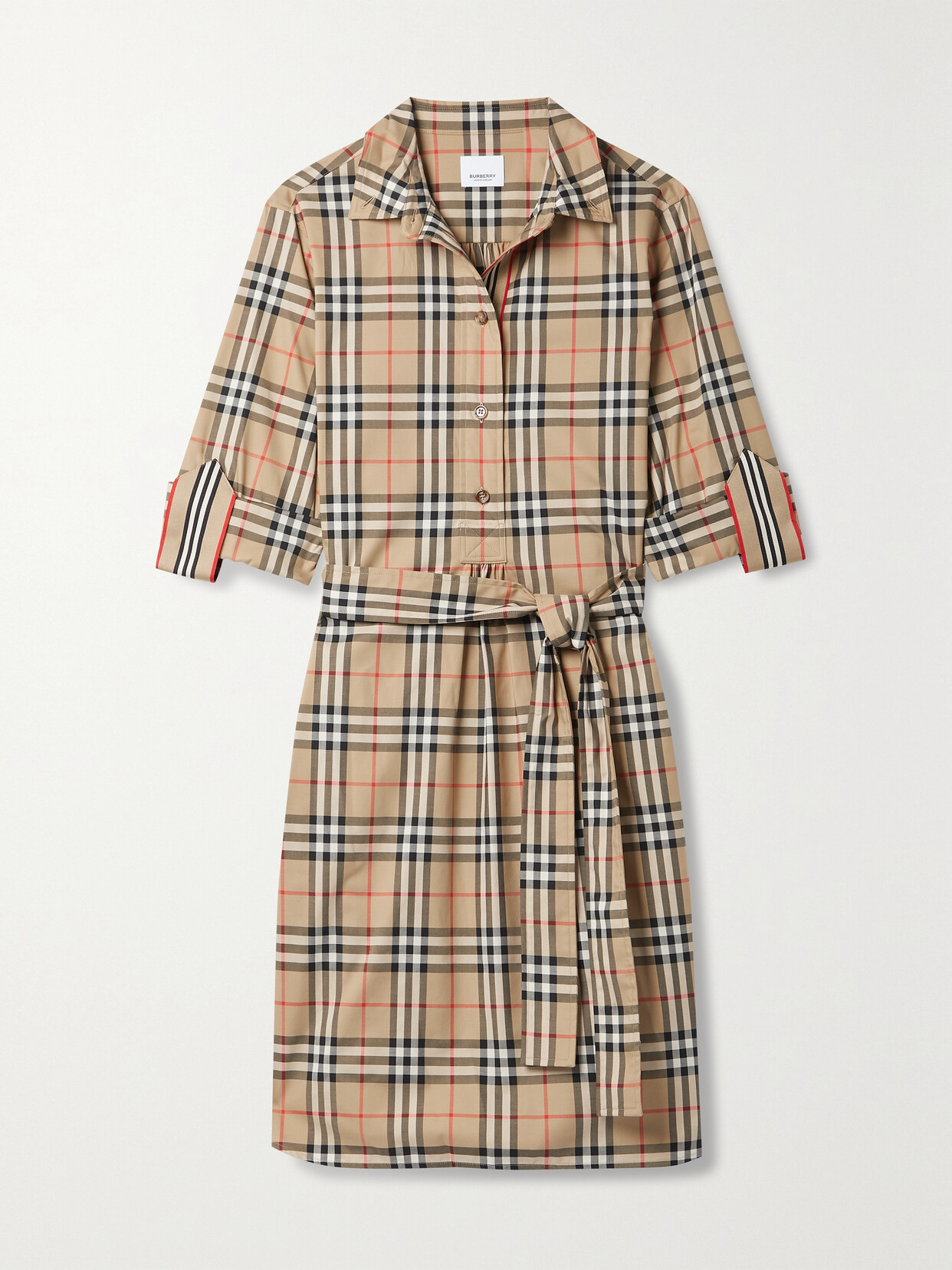 Shop Burberry + Net Sustain Belted Checked Cotton-blend Poplin Mini Shirt Dress In Brown