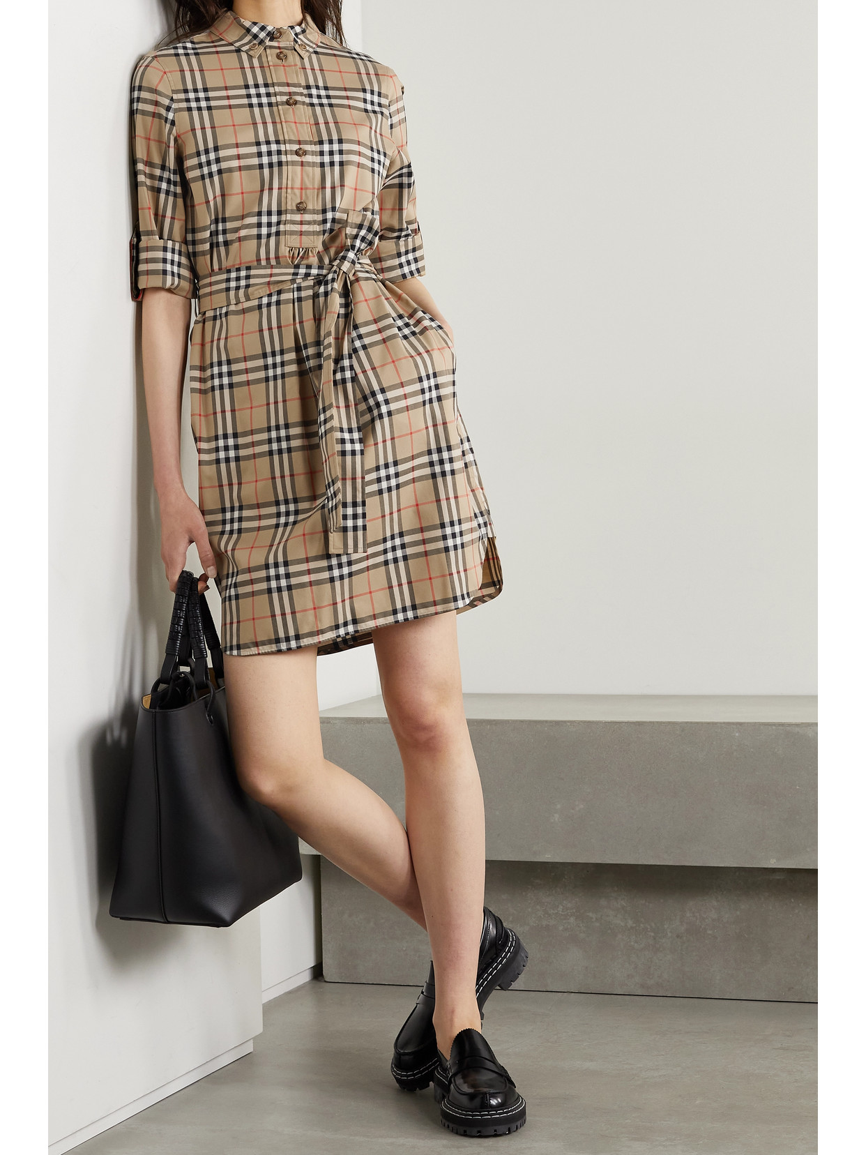 Shop Burberry + Net Sustain Belted Checked Cotton-blend Poplin Mini Shirt Dress In Brown