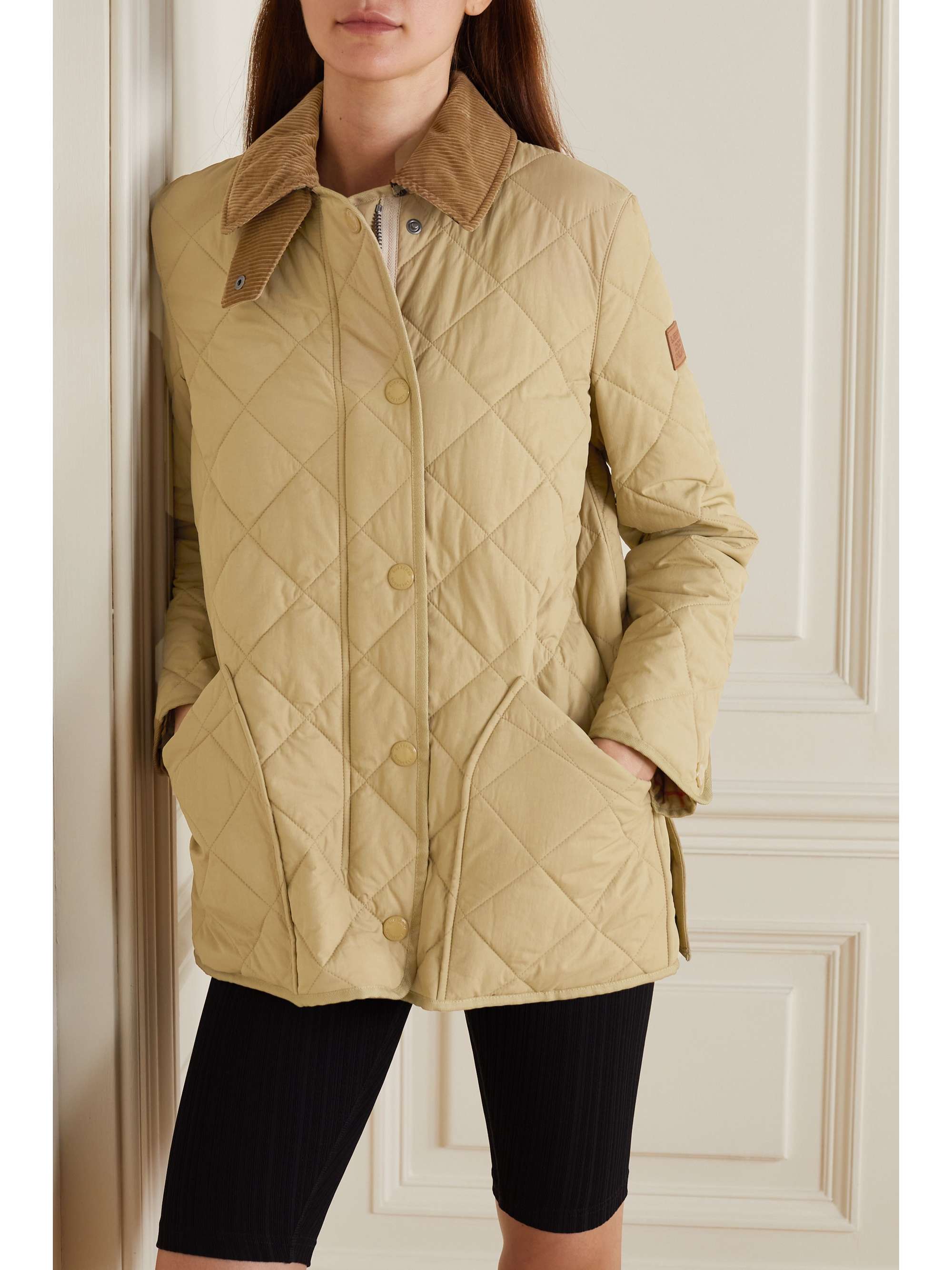 BURBERRY Corduroy and leather-trimmed quilted shell jacket