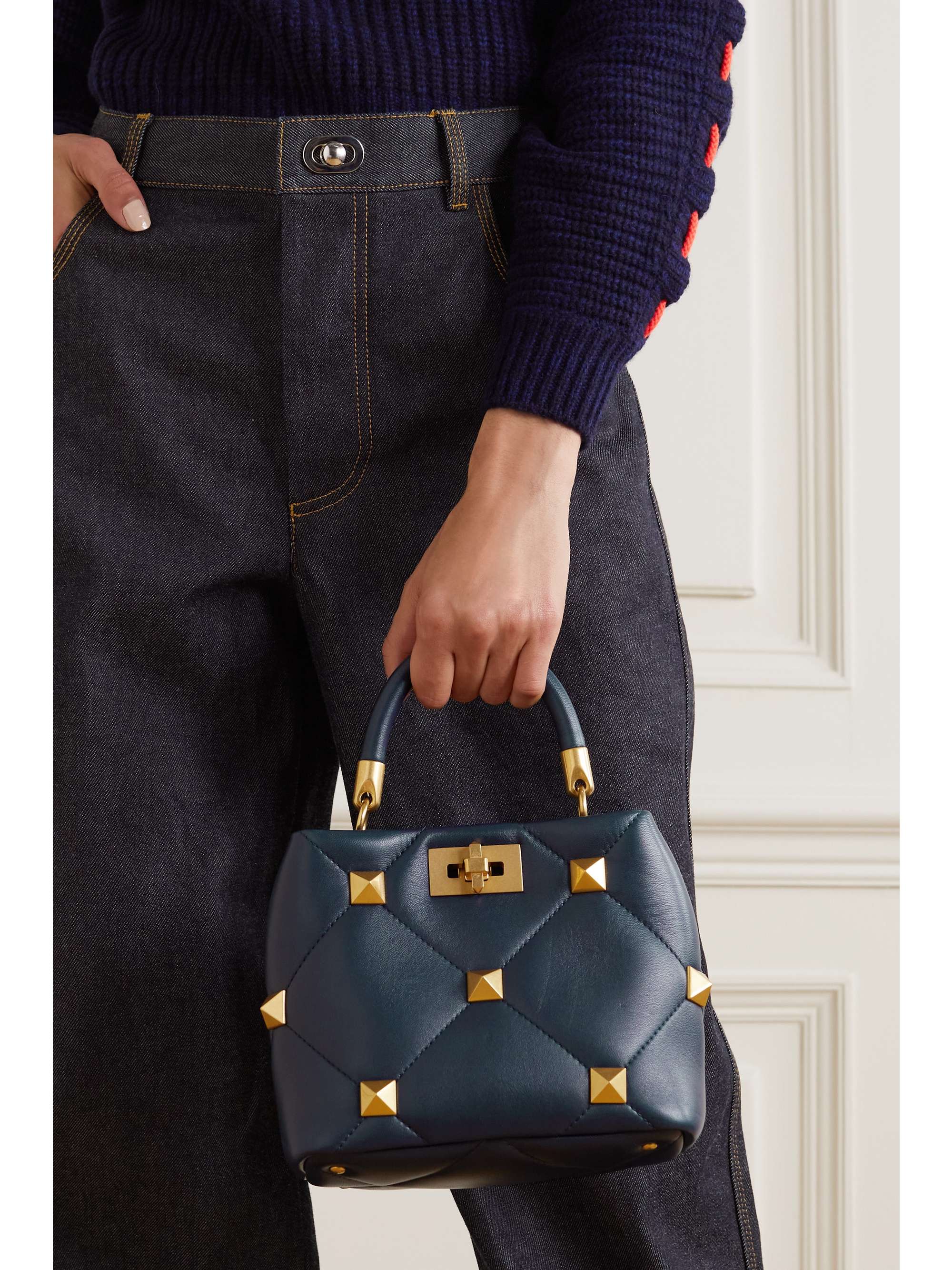 Navy Valentino Garavani Roman Stud small quilted leather tote ...