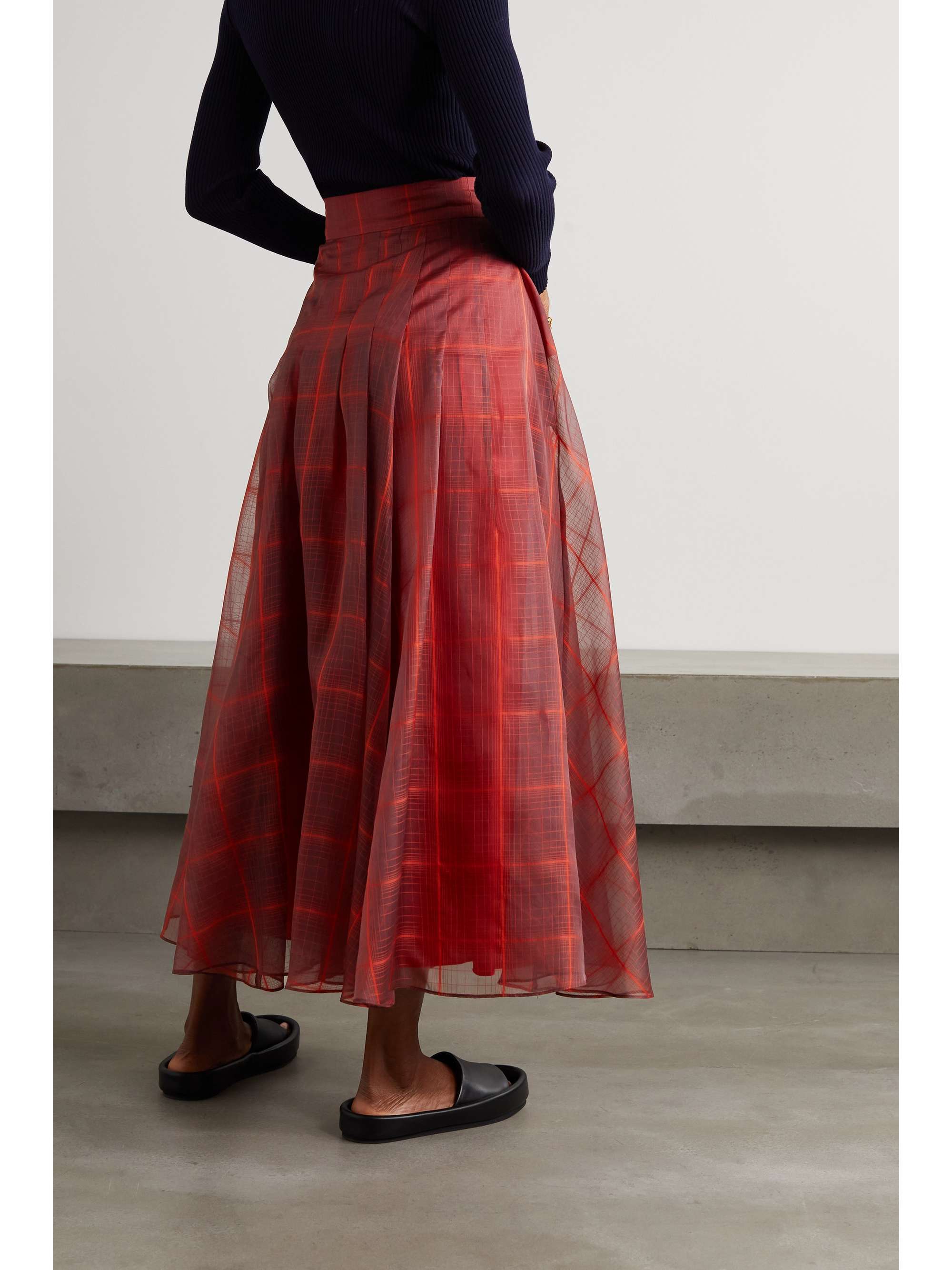 AKRIS Pleated checked mulberry silk-blend organza midi skirt
