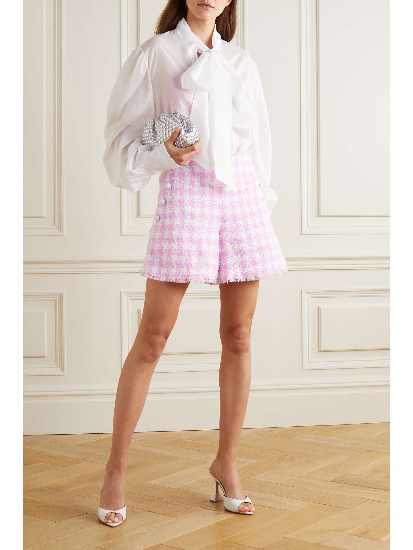 BALMAIN Frayed gingham cotton-blend tweed shorts