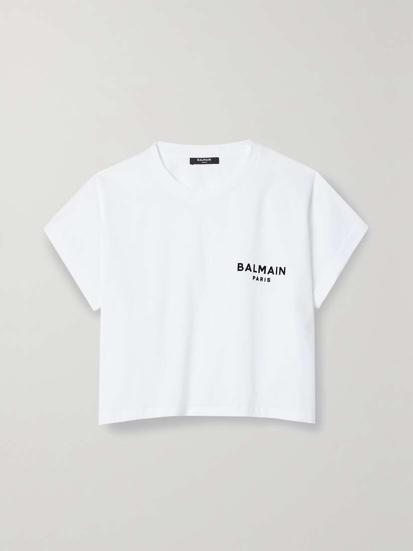 Balmain Cropped Flocked Cotton-jersey T-shirt