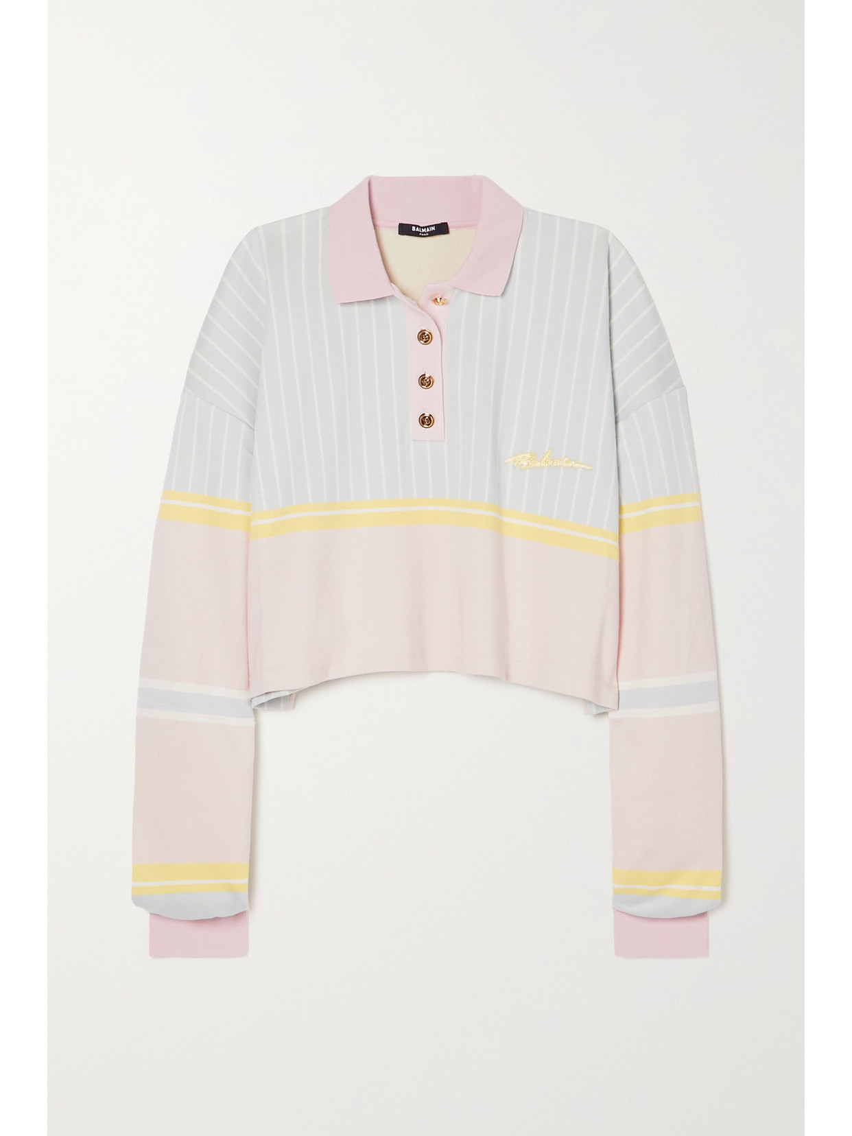 BALMAIN CROPPED EMBROIDERED STRIPED COTTON-JERSEY POLO SHIRT