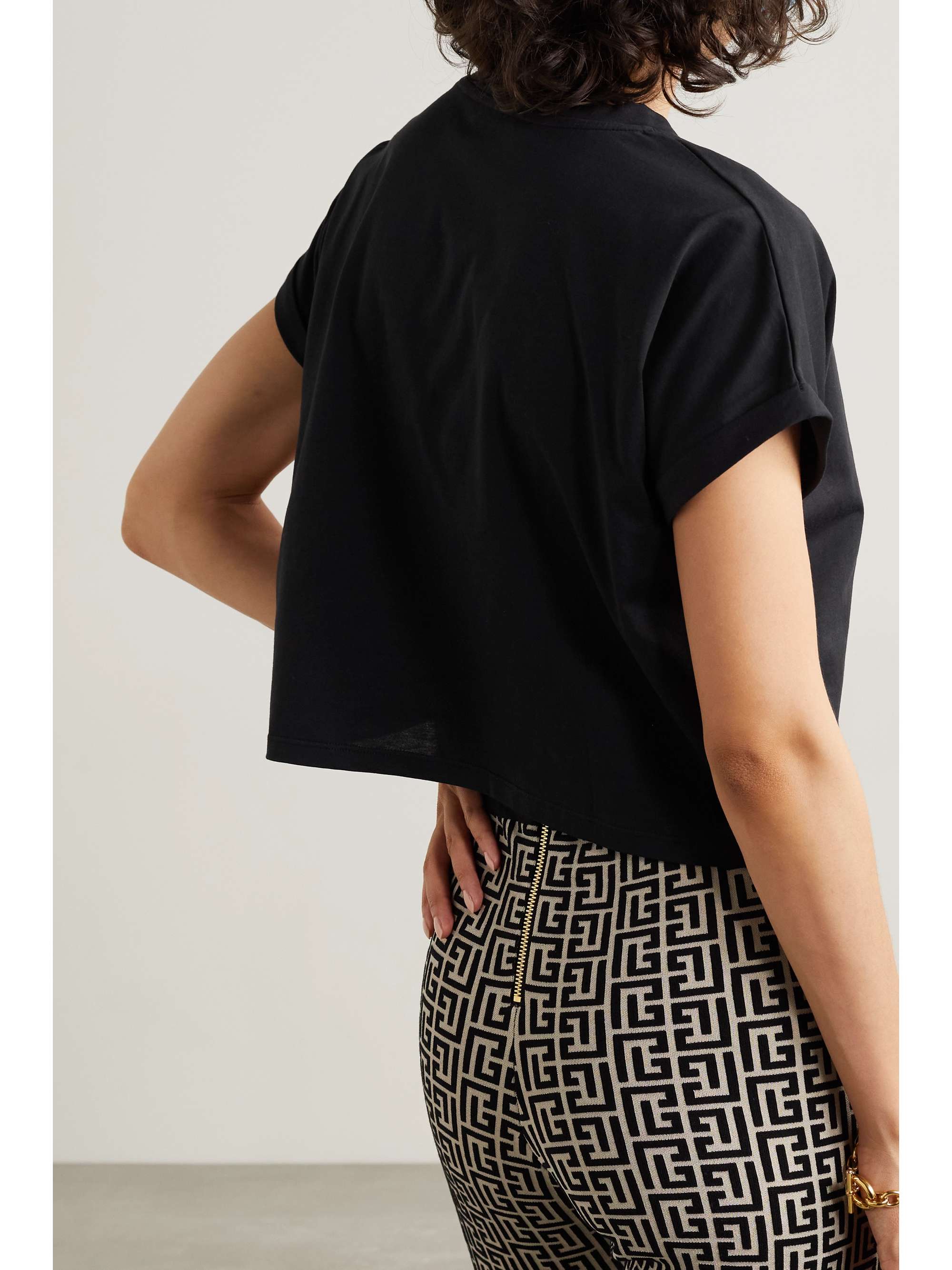 BALMAIN Cropped flocked cotton-jersey T-shirt