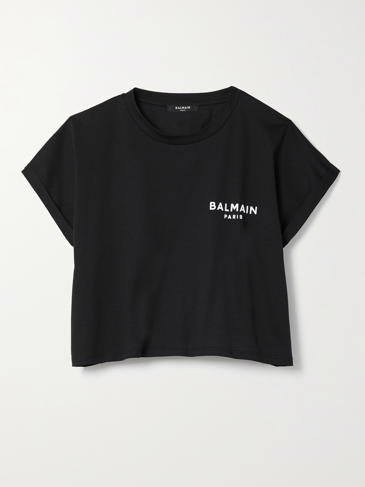 Balmain Cropped Cotton T-shirt With Small Flocked Logo In Black