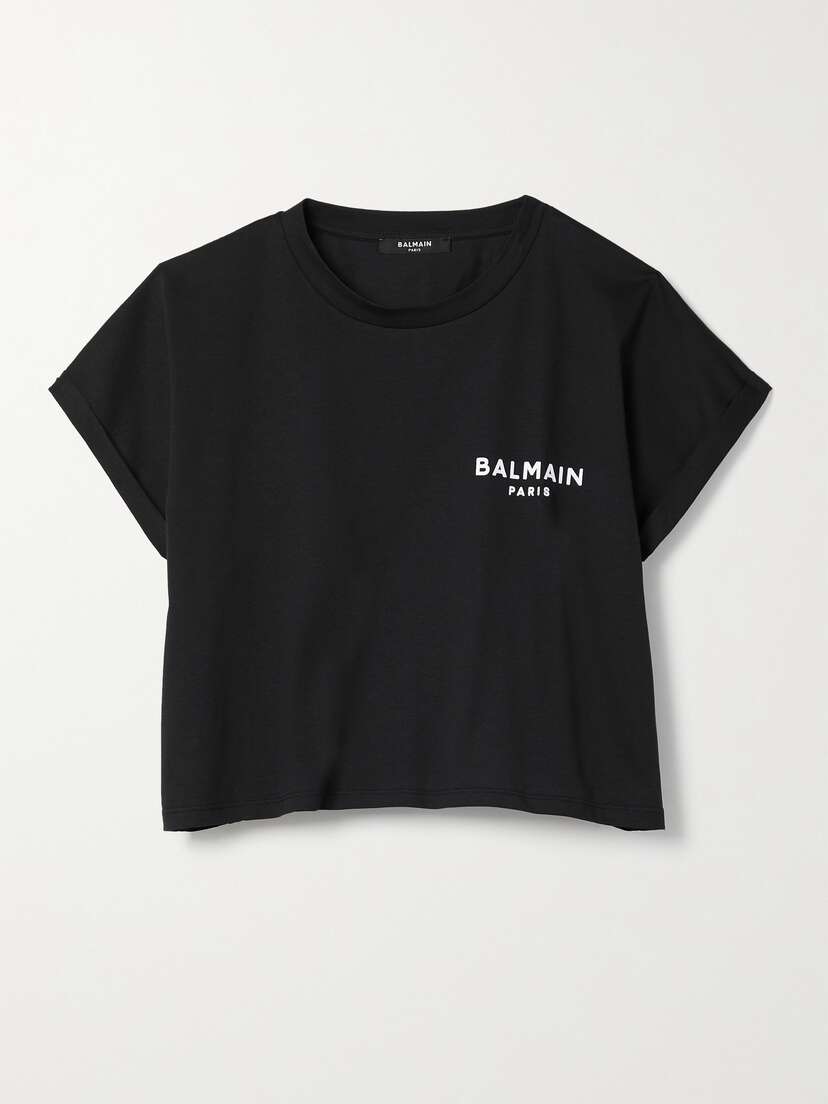 Balmain Cropped Flocked Cotton-jersey T-shirt - x large