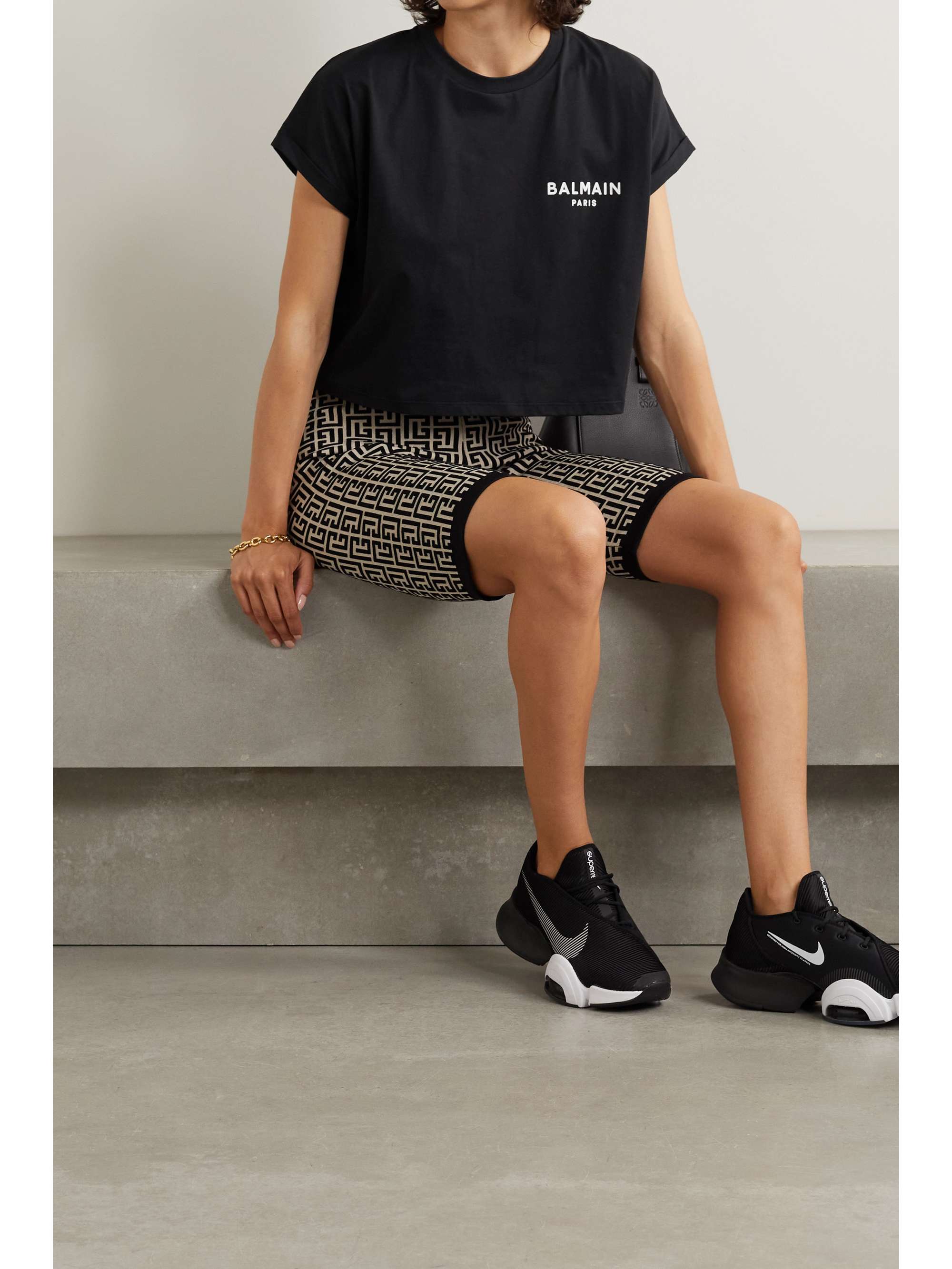 BALMAIN Cropped flocked cotton-jersey T-shirt