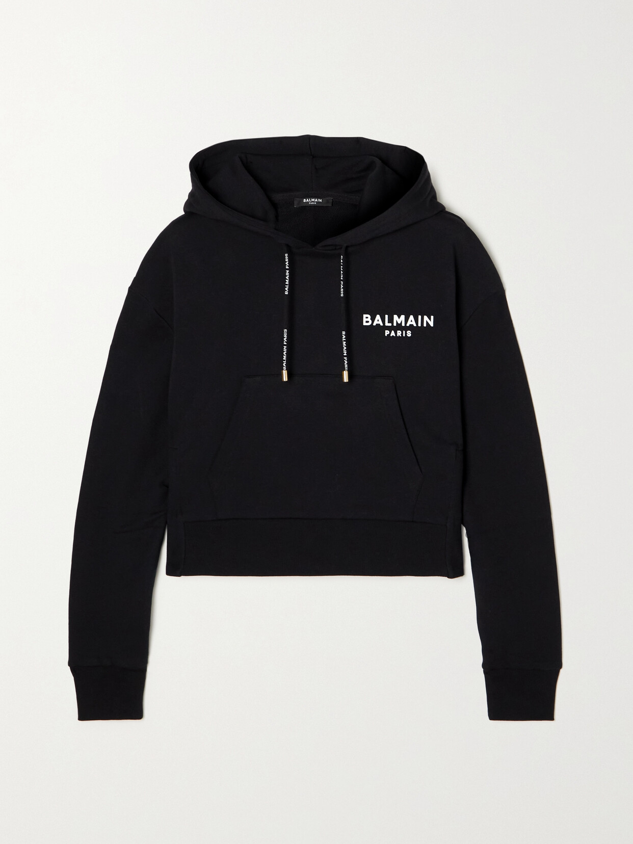 Shop Balmain Cropped Flocked Organic Cotton-jersey Hoodie In Black