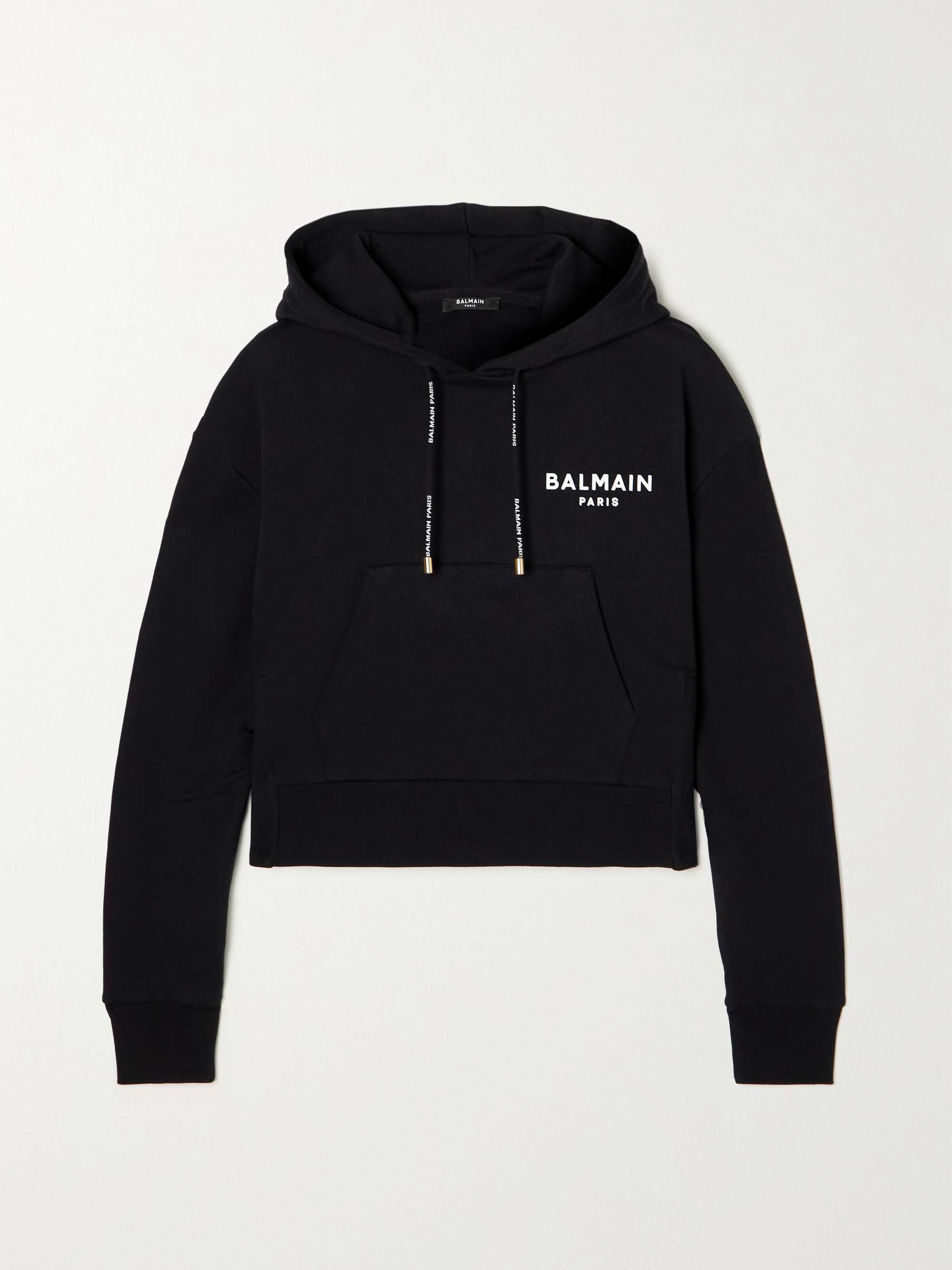 BALMAIN Cropped flocked organic cotton-jersey hoodie | NET-A-PORTER