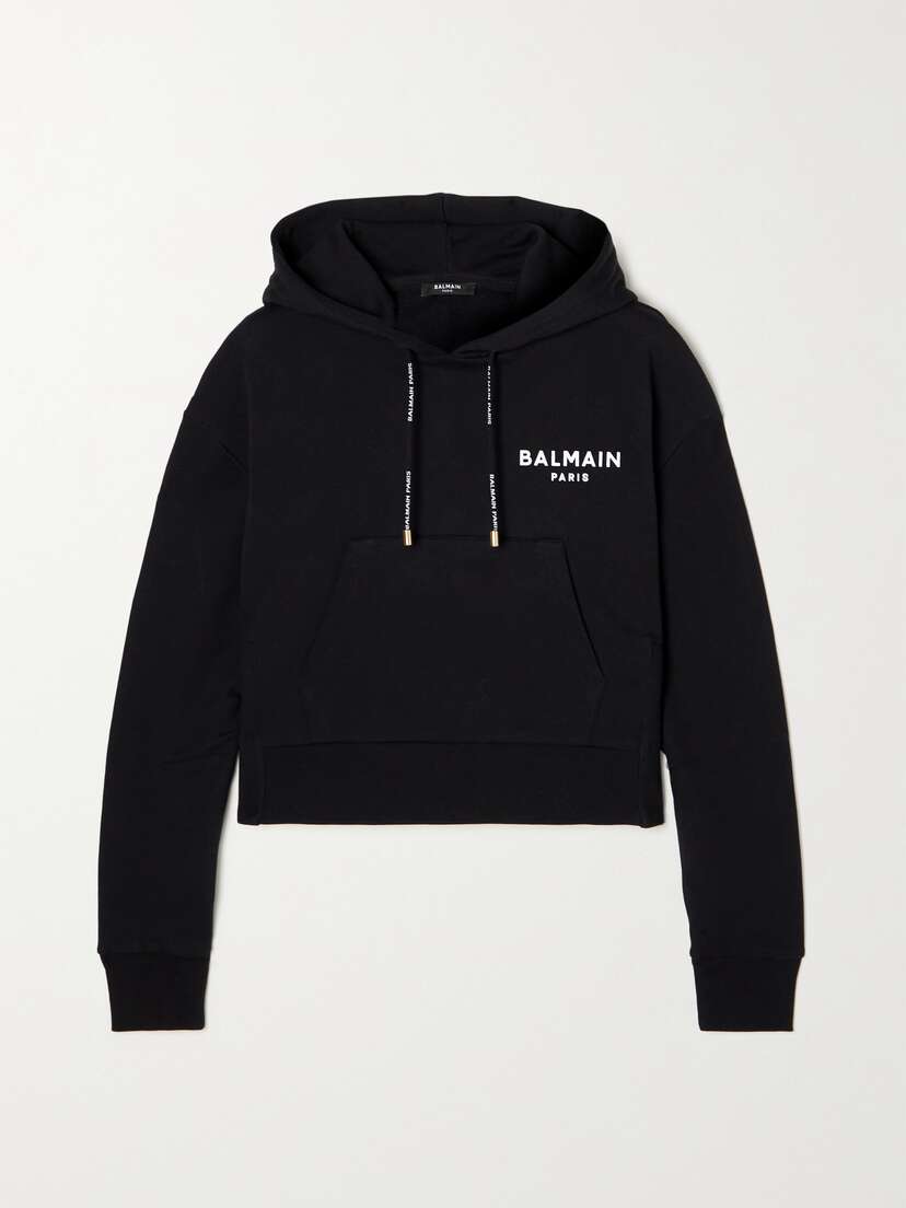 Balmain Cropped Flocked Organic Cotton-jersey Hoodie - x large