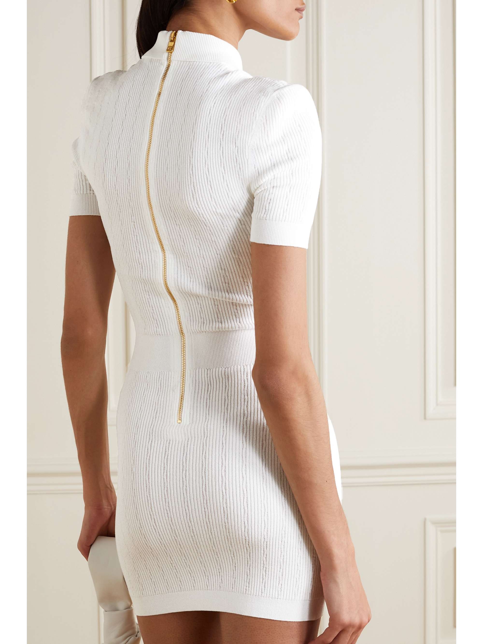 White Button-embellished ribbed-knit 