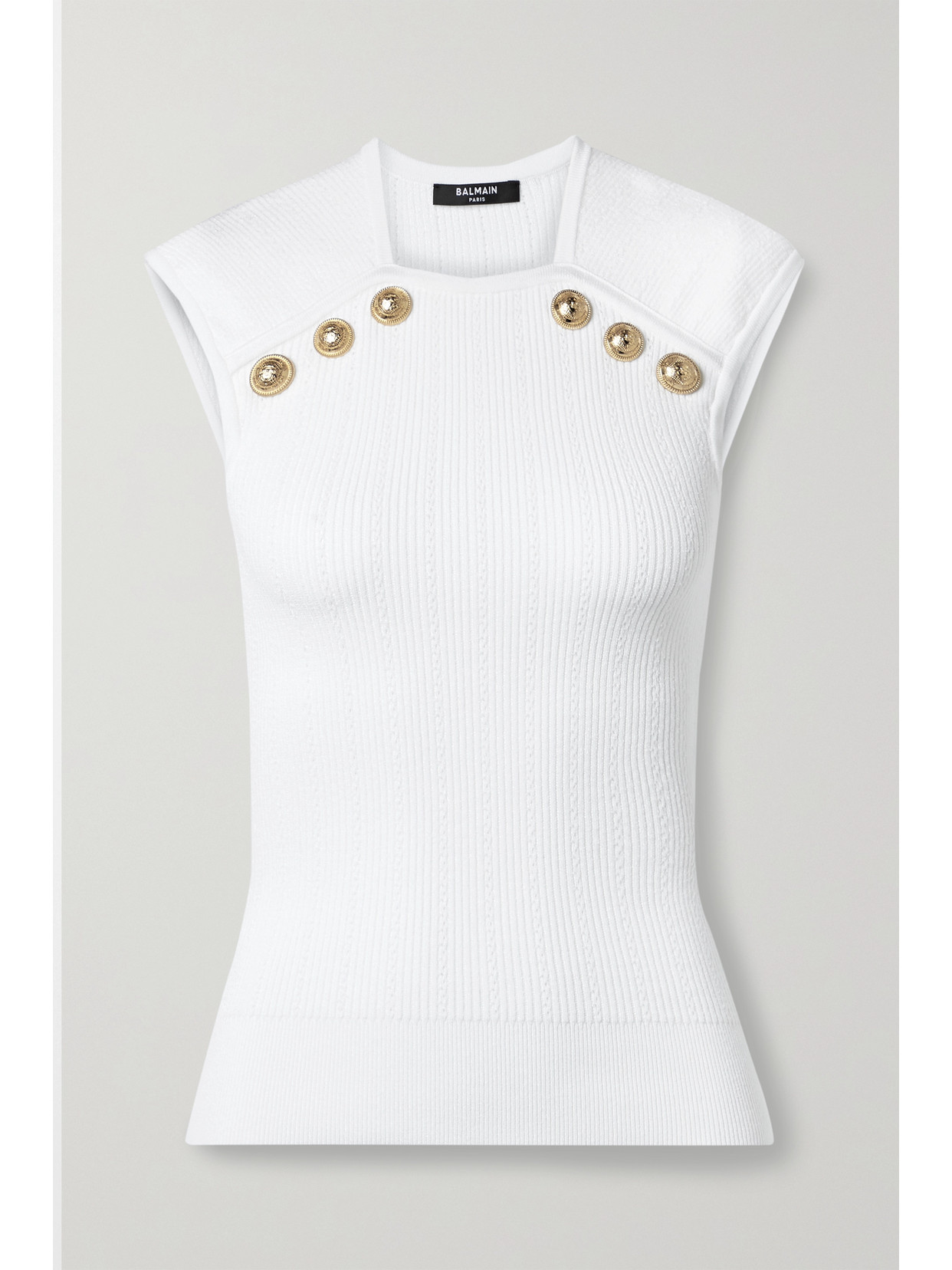 BALMAIN BUTTON-EMBELLISHED RIBBED-KNIT TOP