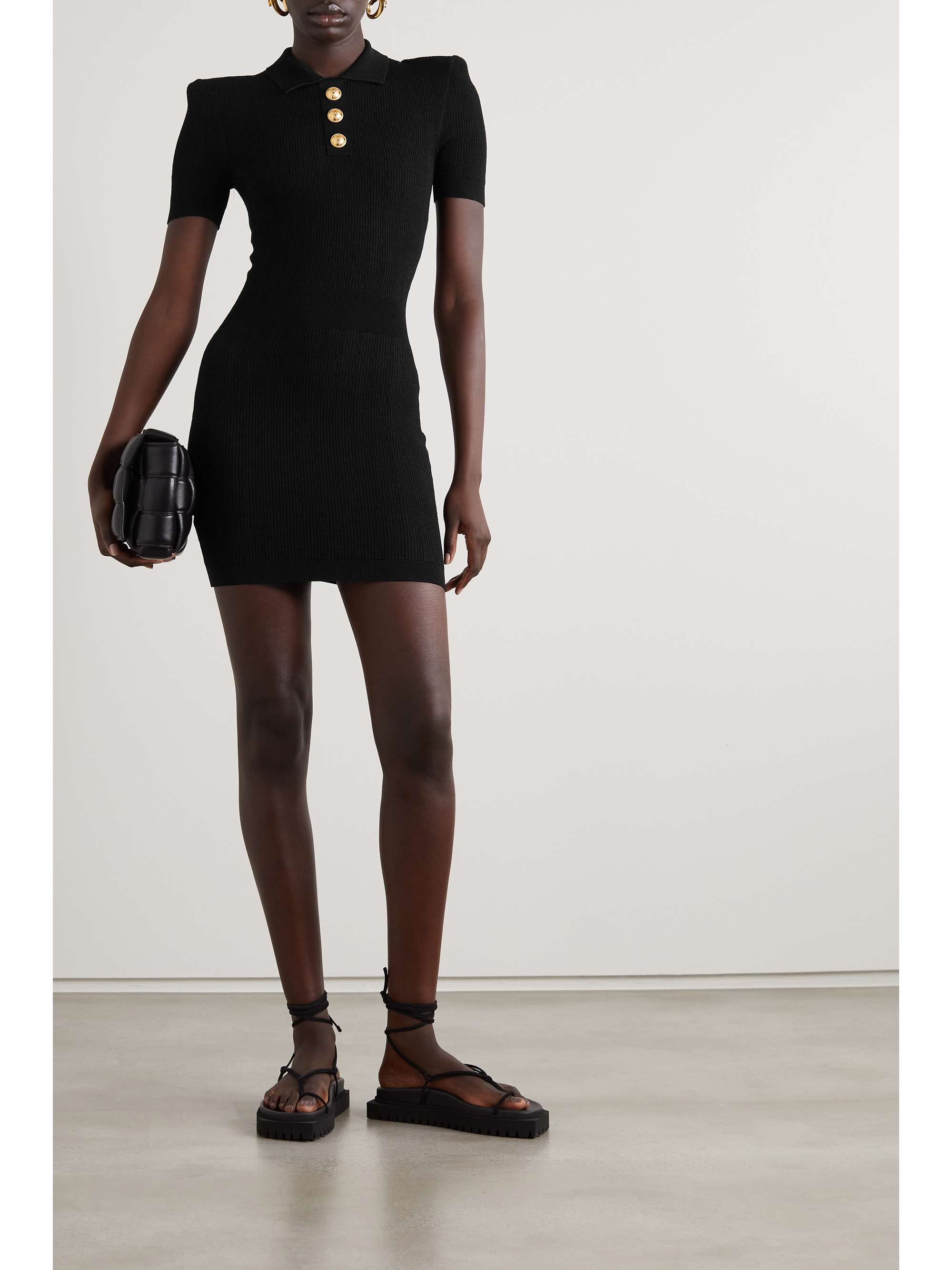 BALMAIN Button-embellished ribbed-knit mini dress | NET-A-PORTER