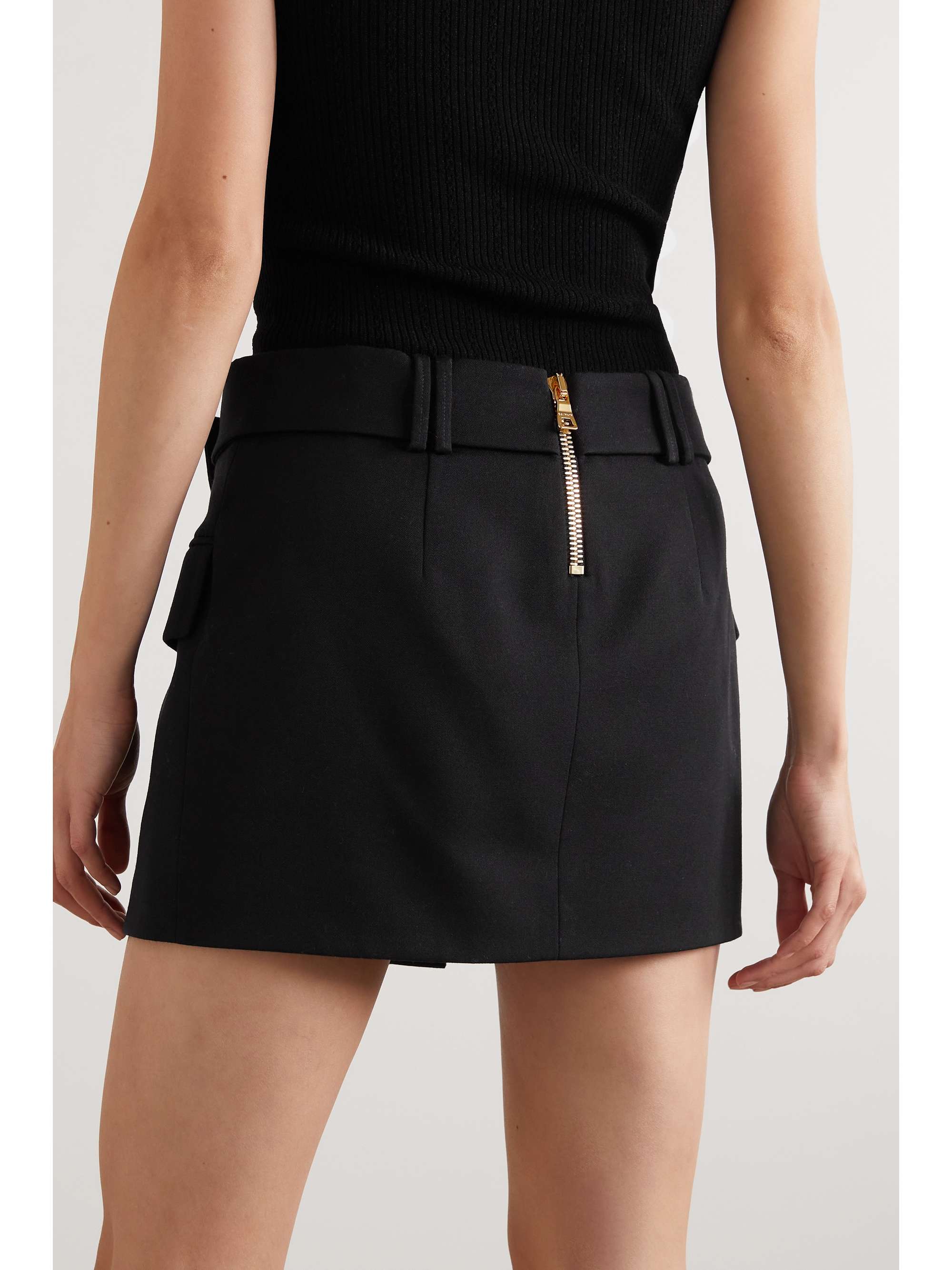 BALMAIN Belted wrap-effect wool-twill mini skirt