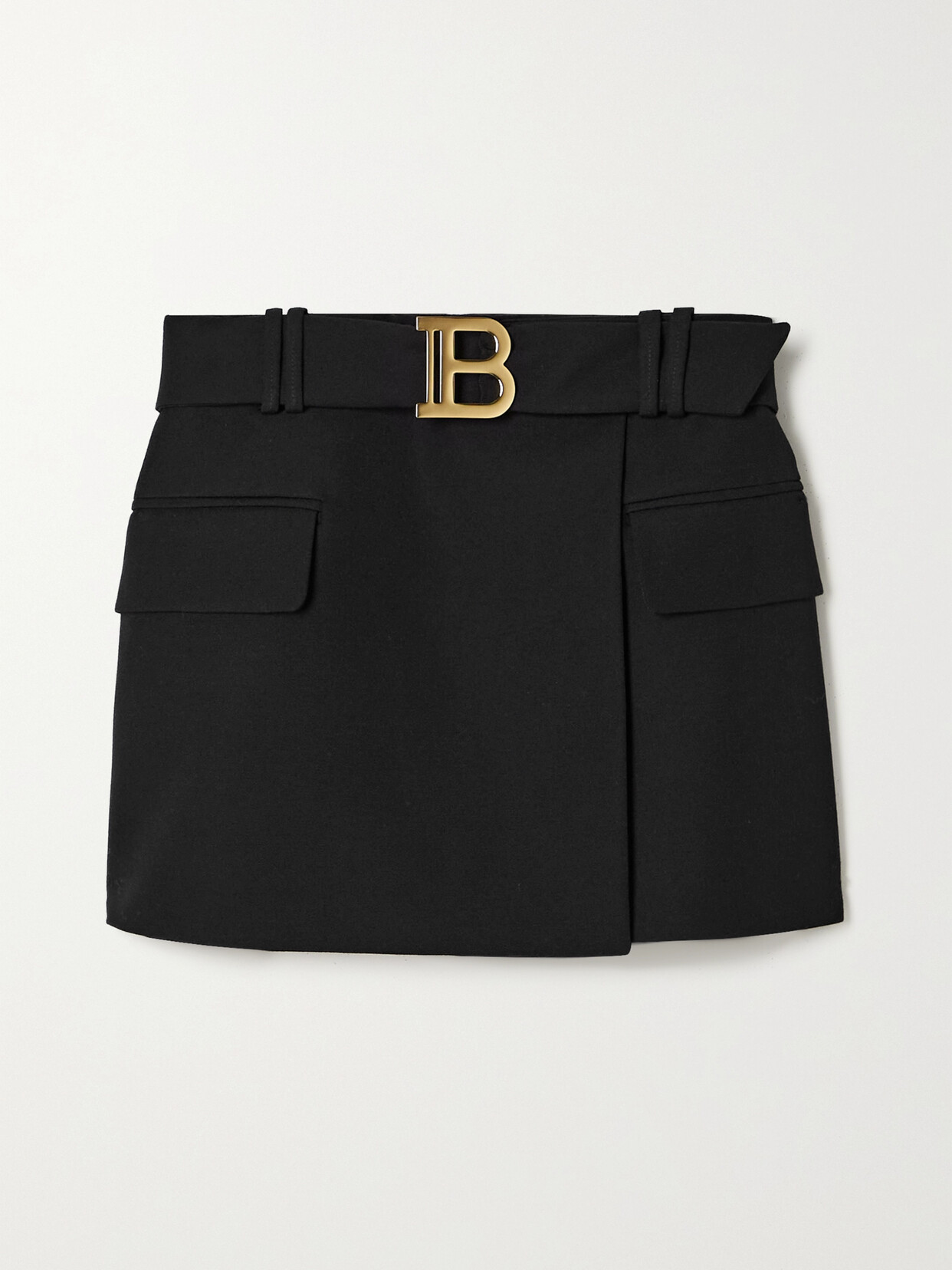 Balmain Belted Wrap-effect Wool-twill Mini Skirt - Black